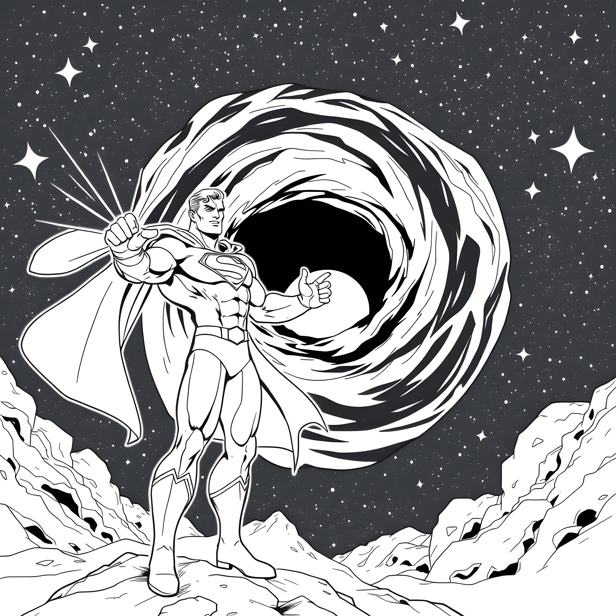 Superman soaring through the cosmic void Coloring Page (free black-and-white line drawing printable PDF for all, from beginners to advanced learners, including children, teens, adults, and seniors)