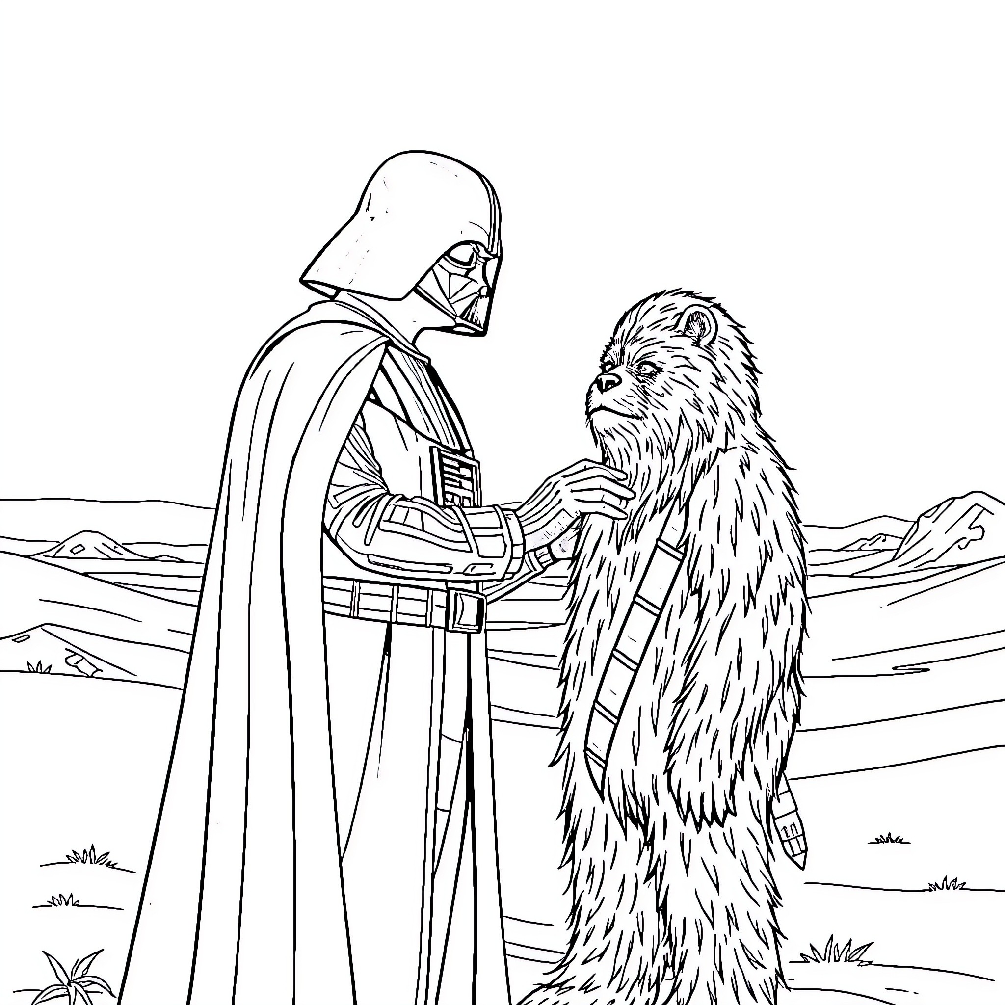 Darth Vader and a Wookiee in a Vast Landscape Coloring Page (free black-and-white line drawing printable PDF for all, from beginners to advanced learners, including children, teens, adults, and seniors)