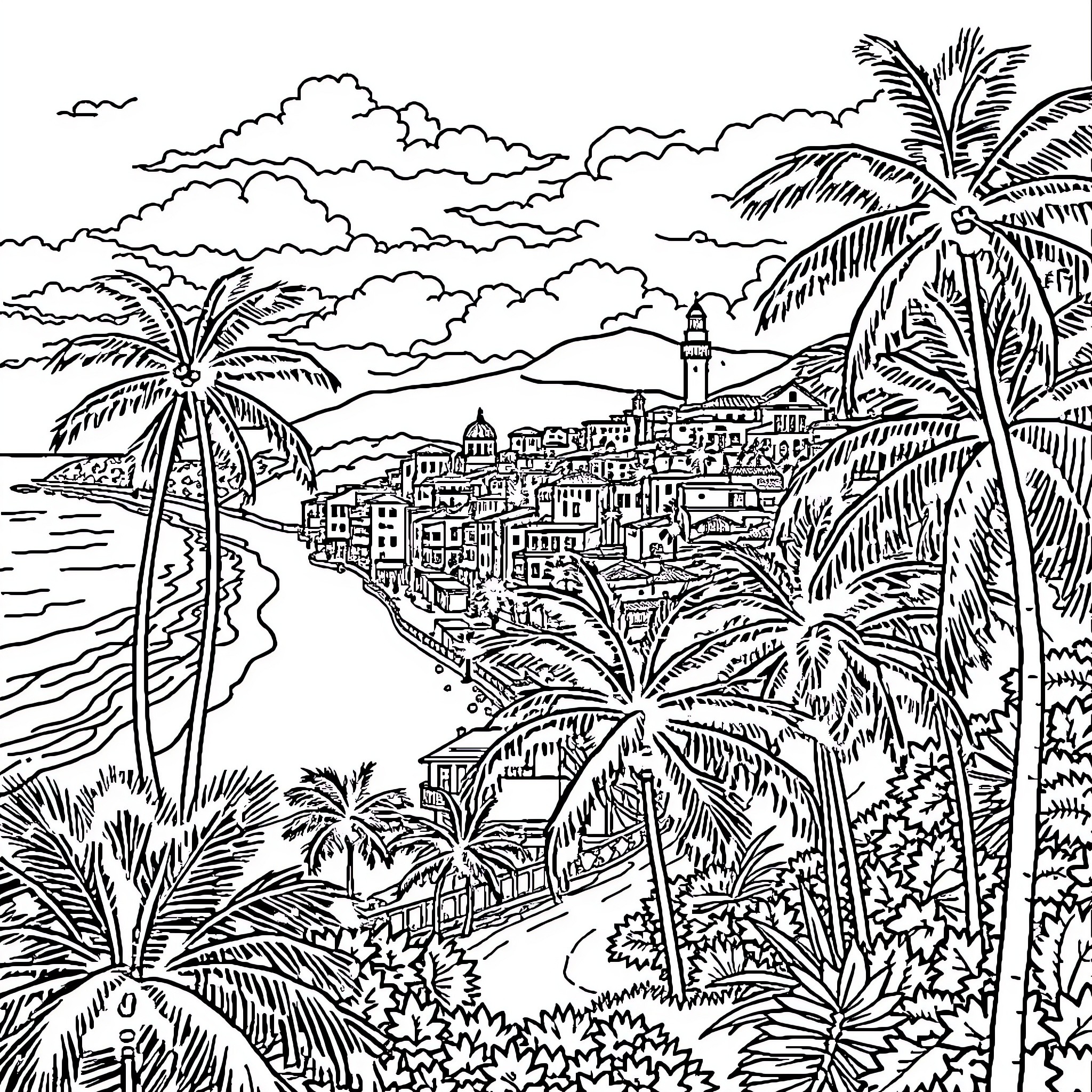 City with palm trees and scenic landscape Coloring Page (free black-and-white line drawing printable PDF for all, from beginners to advanced learners, including children, teens, adults, and seniors)
