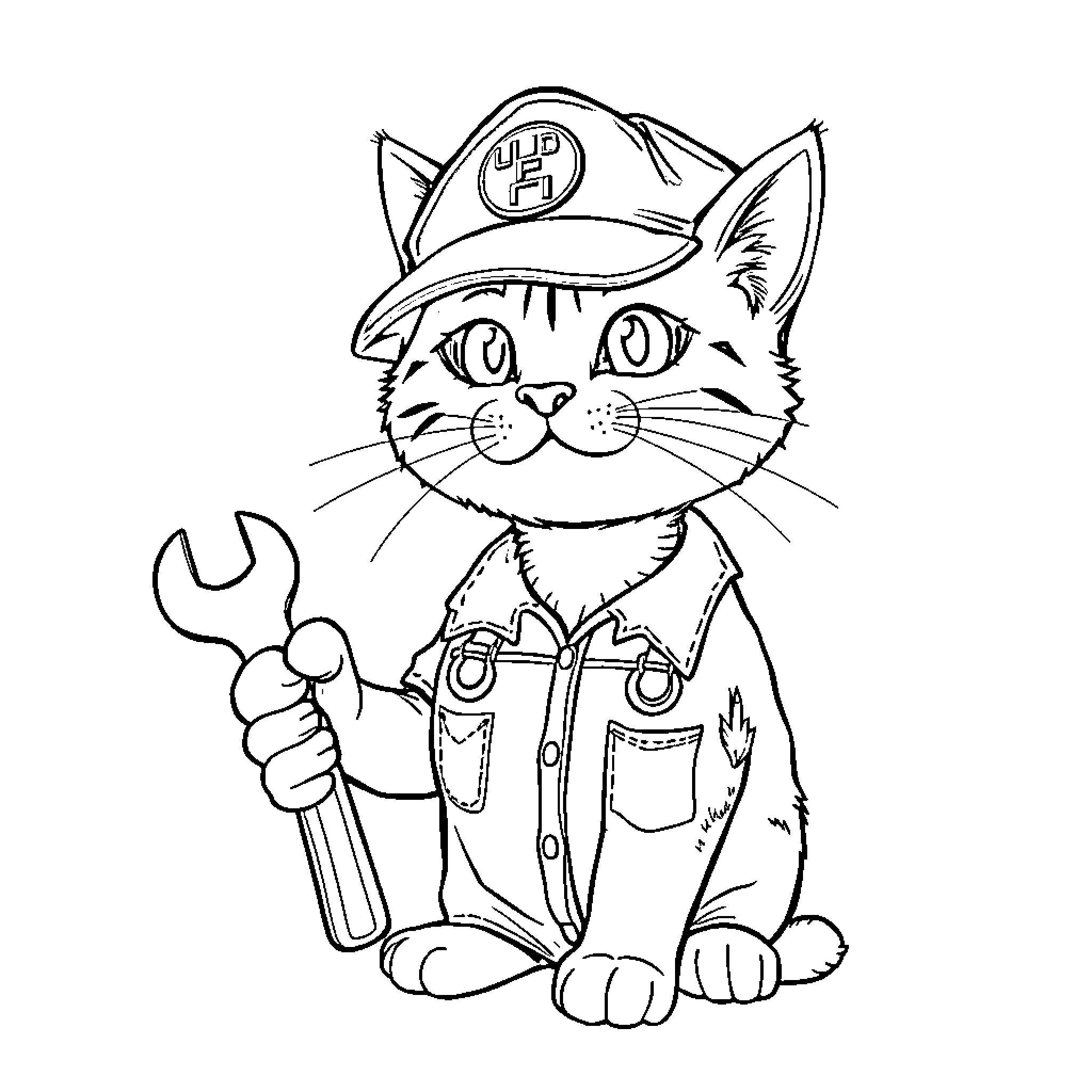 Cat Mechanic with Wrench and Overalls Coloring Page (free black-and-white line drawing printable PDF for all, from beginners to advanced learners, including children, teens, adults, and seniors)