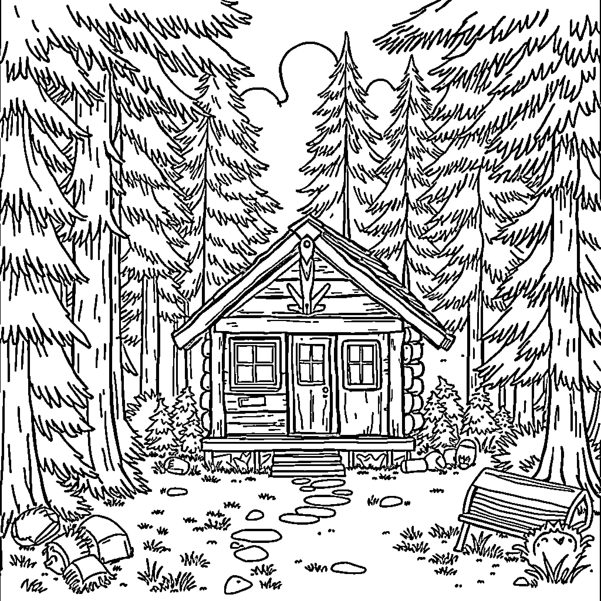 Cabin in the Serene Forest Landscape Coloring Page (free black-and-white line drawing printable PDF for all, from beginners to advanced learners, including children, teens, adults, and seniors)