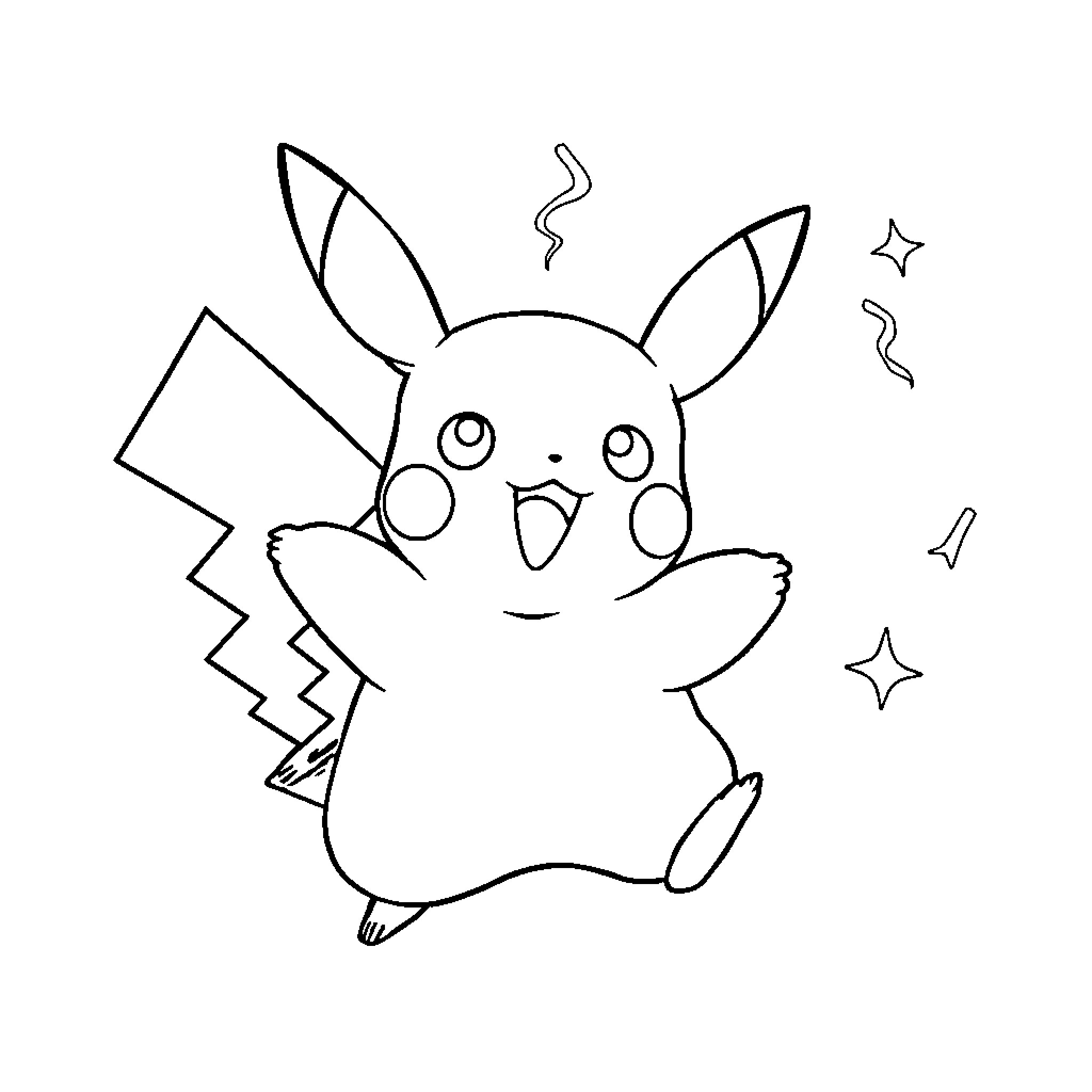 Pikachu expressing delight with electric sparks Coloring Page (free black-and-white line drawing printable PDF for all, from beginners to advanced learners, including children, teens, adults, and seniors)