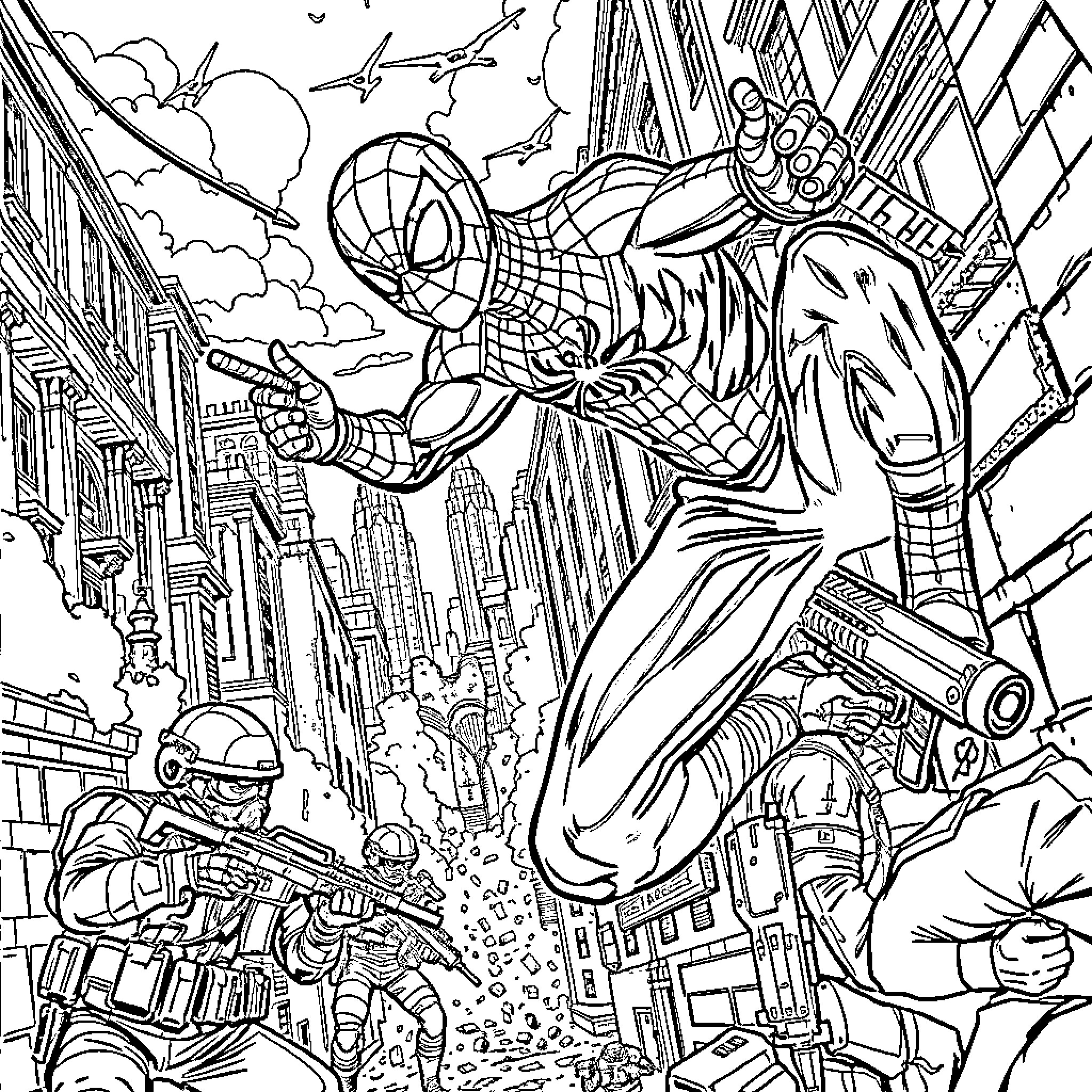 Spiderman saving the city from destruction Coloring Page (free black-and-white line drawing printable PDF for all, from beginners to advanced learners, including children, teens, adults, and seniors)