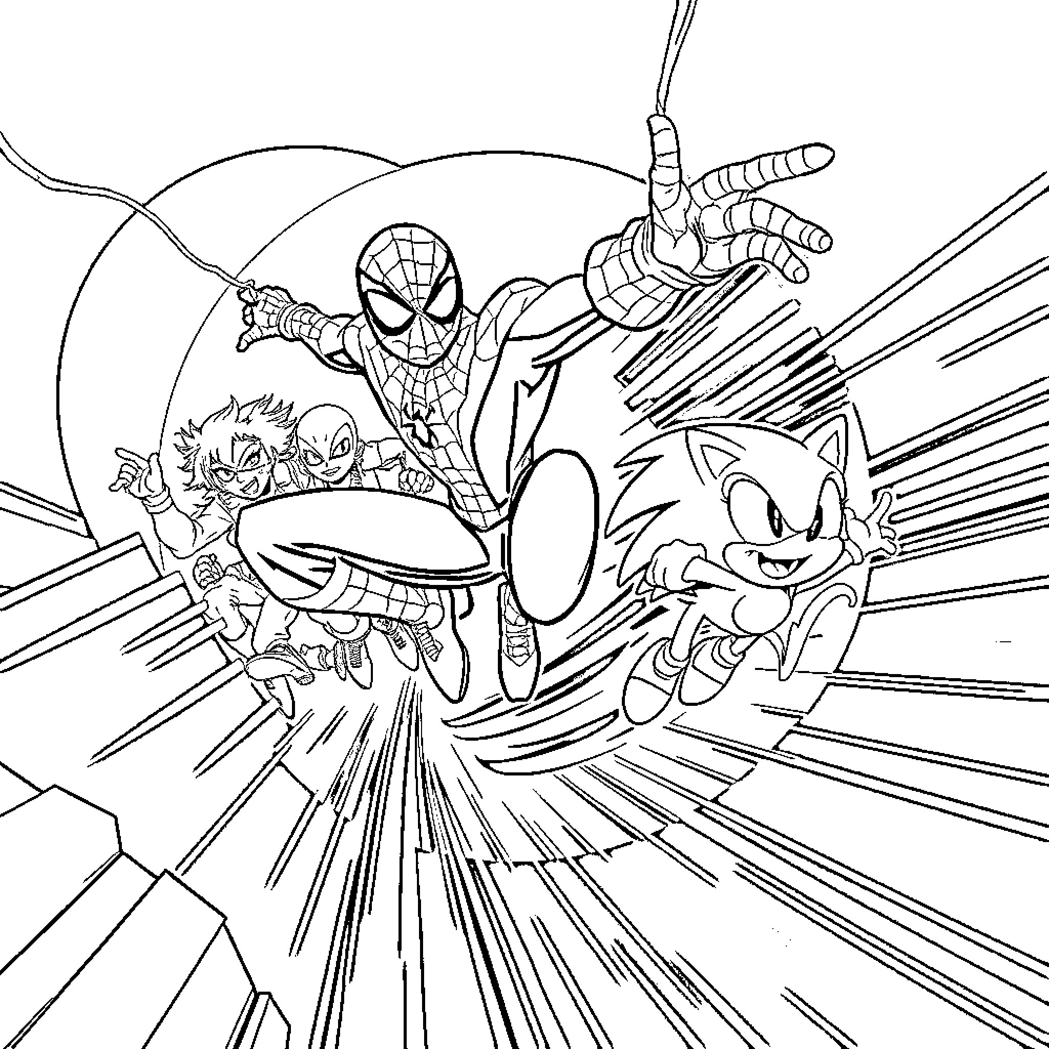 Spidey Battles Villainous Foes in Thrilling Adventure Coloring Page (free black-and-white line drawing printable PDF for all, from beginners to advanced learners, including children, teens, adults, and seniors)