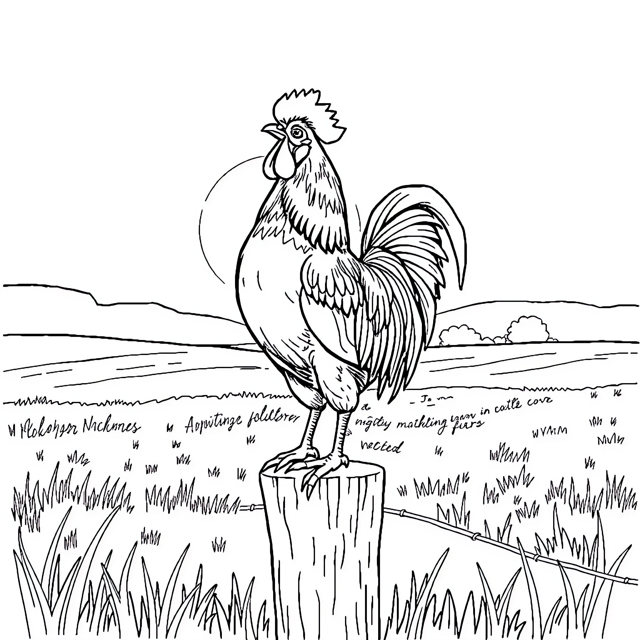 Rooster crowing on a wooden post in a grassy field Coloring Page (free black-and-white line drawing printable PDF for all, from beginners to advanced learners, including children, teens, adults, and seniors)