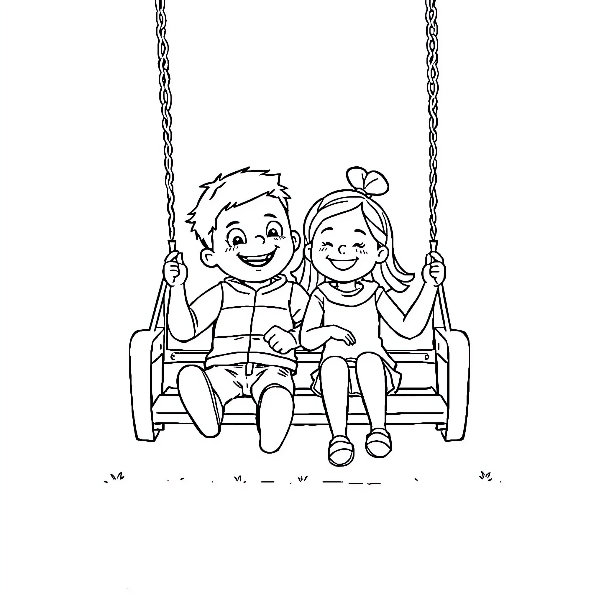 Carl and Ellie enjoying a swing together Coloring Page (free black-and-white line drawing printable PDF for all, from beginners to advanced learners, including children, teens, adults, and seniors)