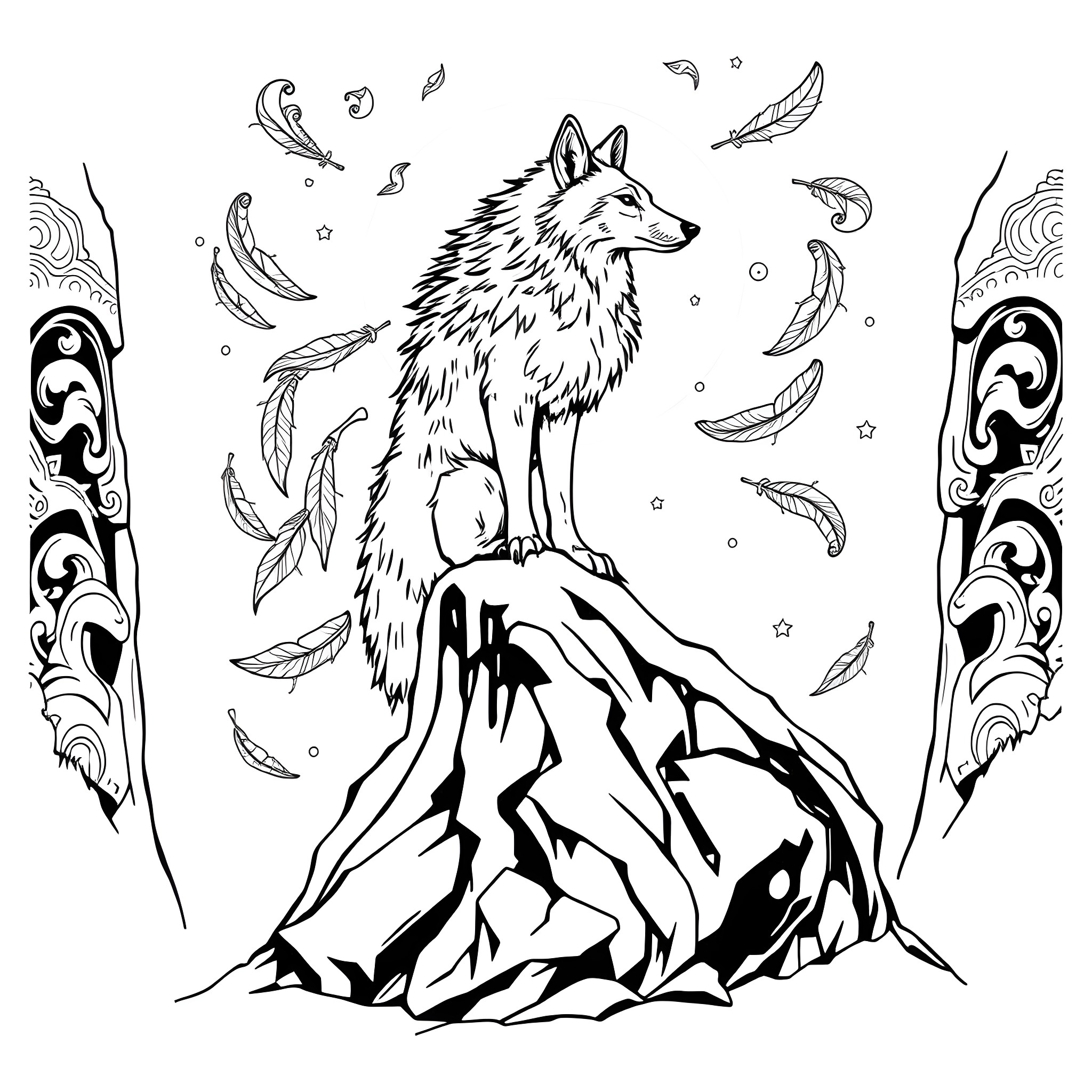 Coyote atop a rocky mountain with feathers Coloring Page (free black-and-white line drawing printable PDF for all, from beginners to advanced learners, including children, teens, adults, and seniors)