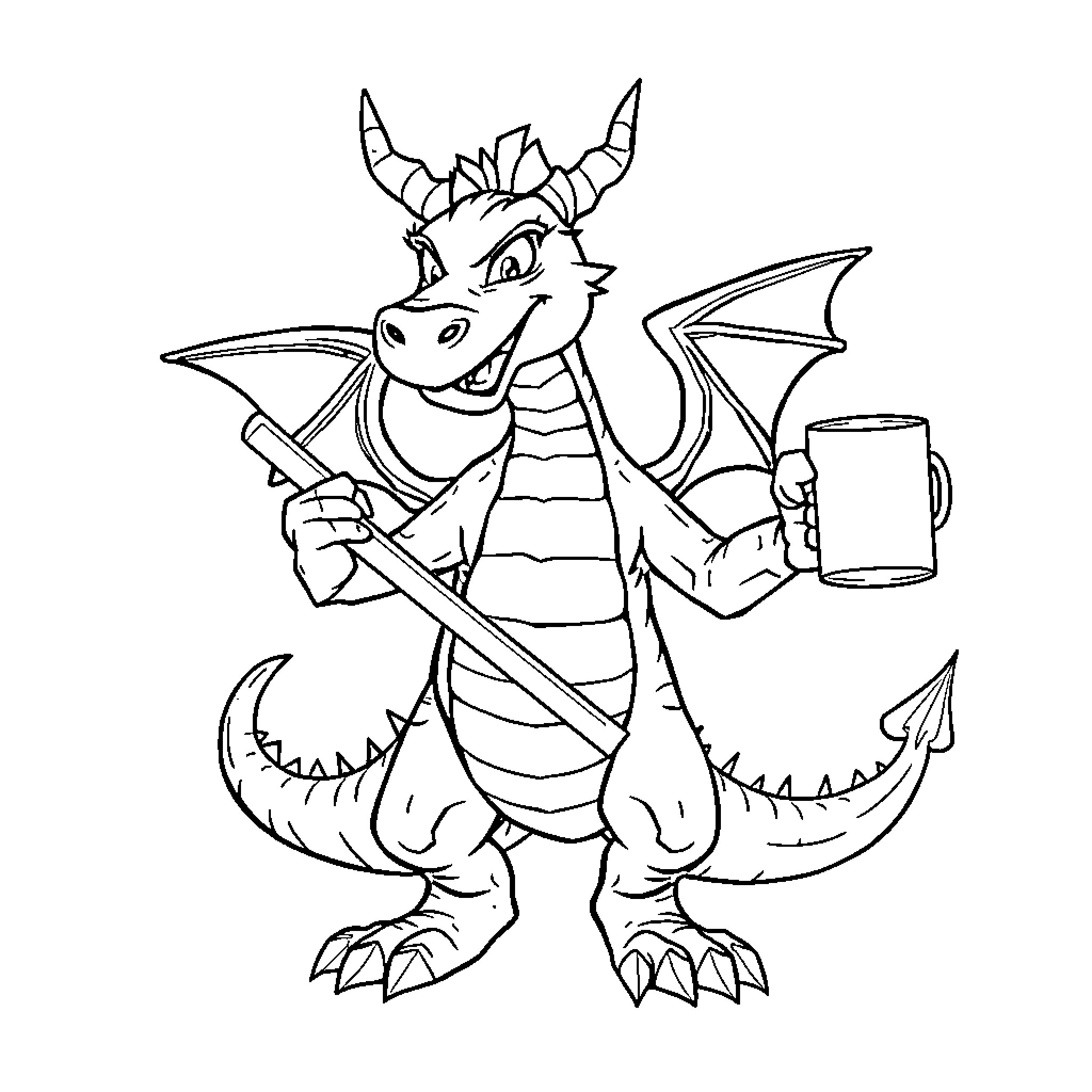 Dragon with beer mug enjoying a fun moment Coloring Page (free black-and-white line drawing printable PDF for all, from beginners to advanced learners, including children, teens, adults, and seniors)