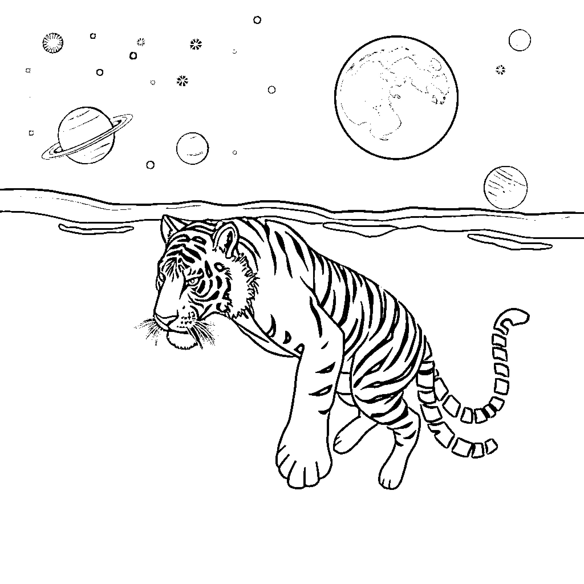 Tiger Prowling in Cosmic Landscape Coloring Page (free black-and-white line drawing printable PDF for all, from beginners to advanced learners, including children, teens, adults, and seniors)