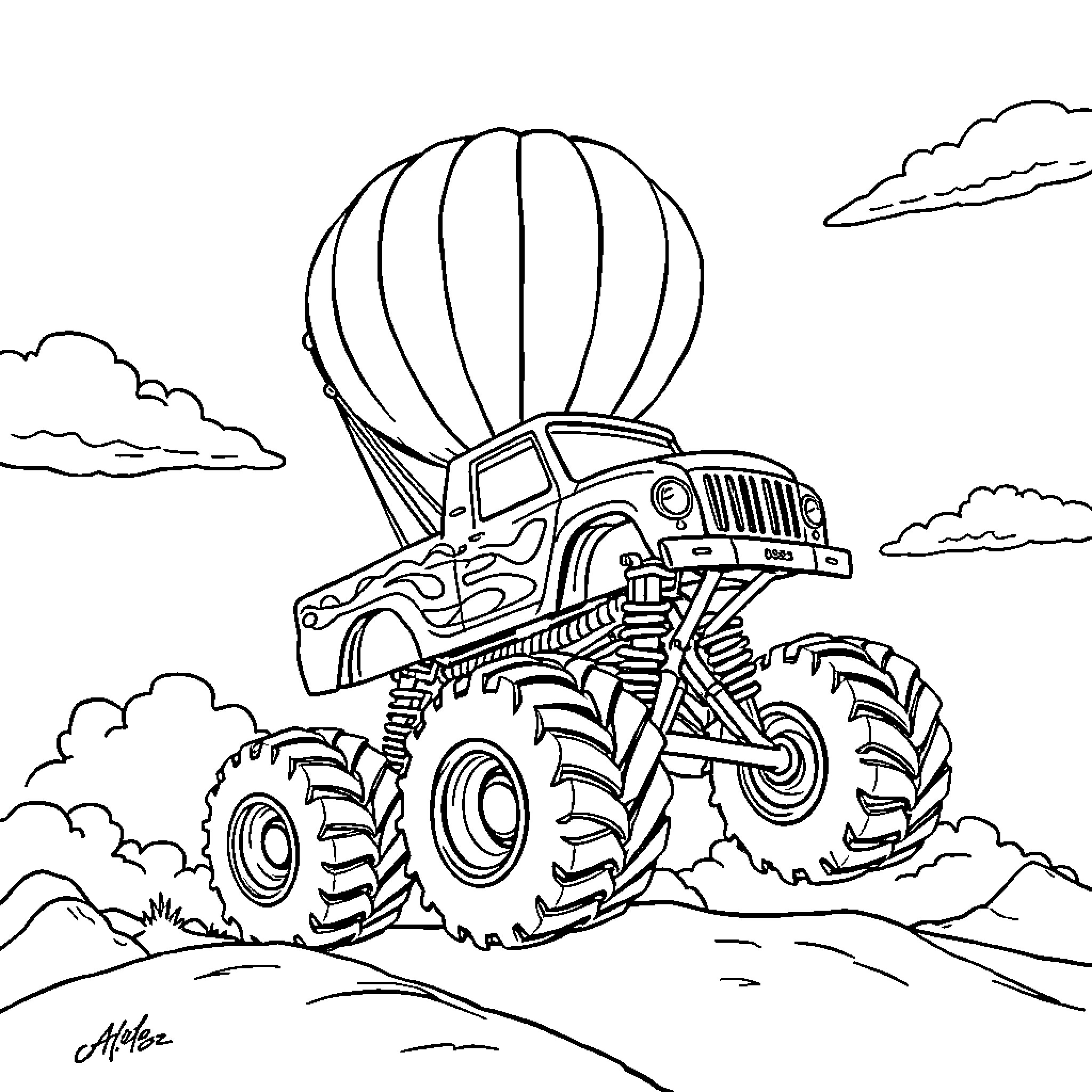 Monster Truck with Parachute Soaring Over Clouds Coloring Page (free black-and-white line drawing printable PDF for all, from beginners to advanced learners, including children, teens, adults, and seniors)