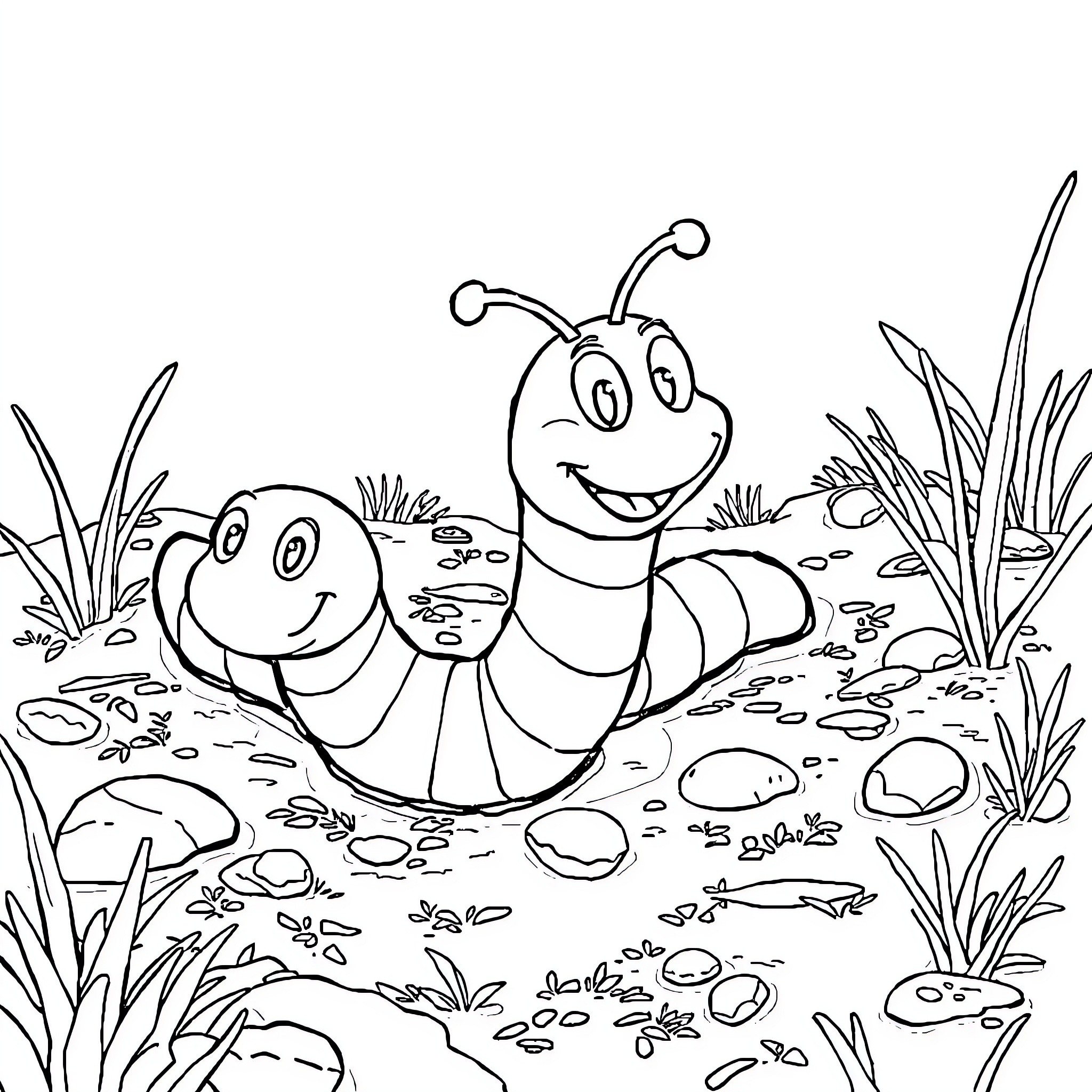 Worm friends exploring the outdoors Coloring Page (free black-and-white line drawing printable PDF for all, from beginners to advanced learners, including children, teens, adults, and seniors)