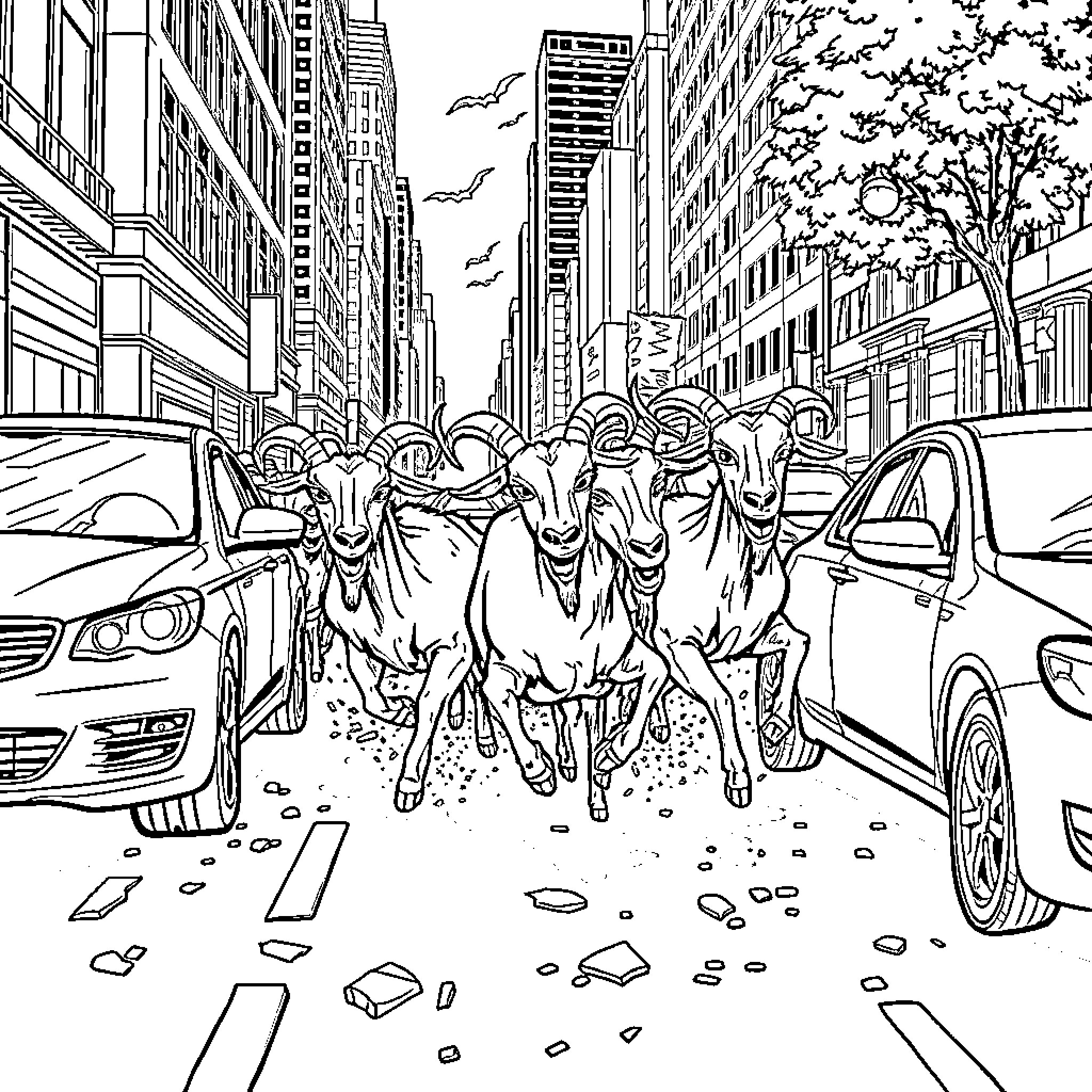 Goats Running Amok in the City Streets Coloring Page (free black-and-white line drawing printable PDF for all, from beginners to advanced learners, including children, teens, adults, and seniors)