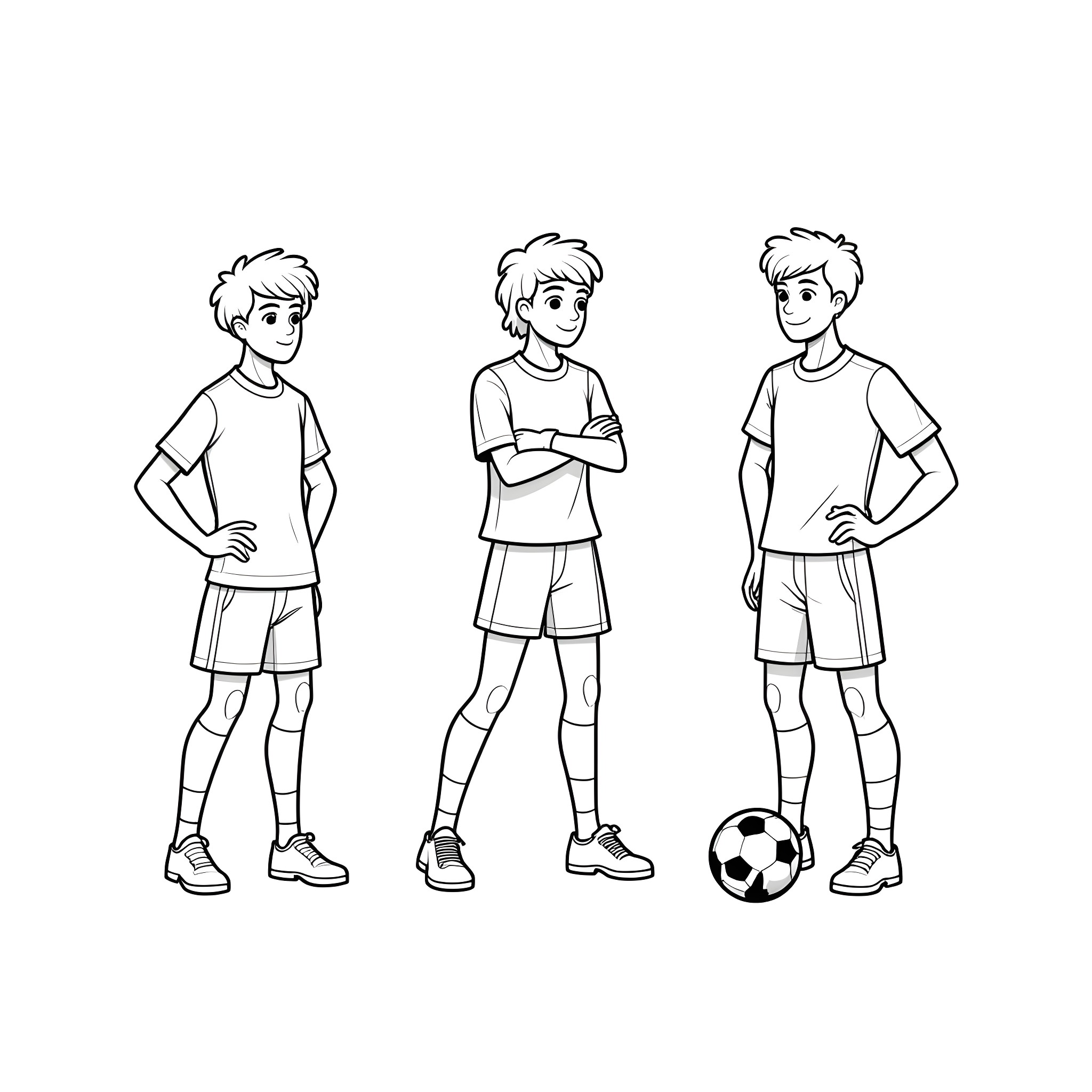 Exuberant Young Soccer Players in Action Coloring Page (free black-and-white line drawing printable PDF for all, from beginners to advanced learners, including children, teens, adults, and seniors)