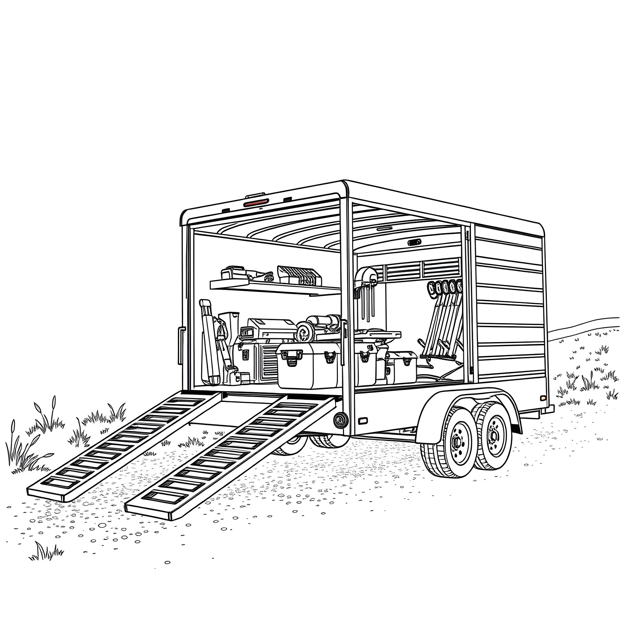 Car Trailer with Outdoor Equipment Coloring Page (free black-and-white line drawing printable PDF for all, from beginners to advanced learners, including children, teens, adults, and seniors)