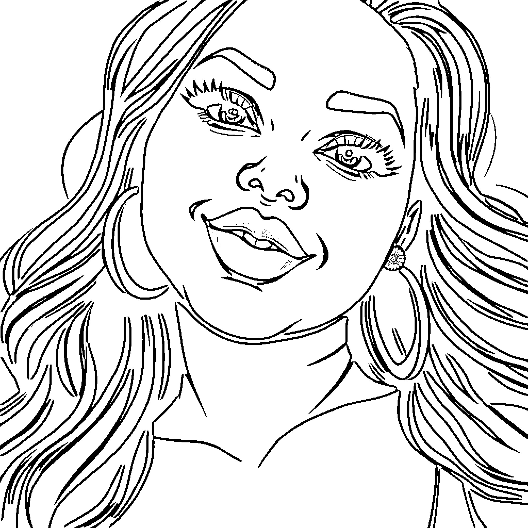 Bbw woman with glamorous expression and hairstyle Coloring Page (free black-and-white line drawing printable PDF for all, from beginners to advanced learners, including children, teens, adults, and seniors)