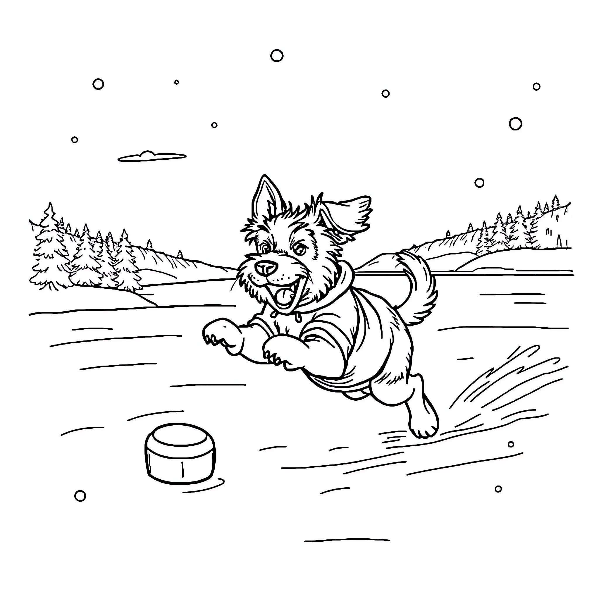 Teckel dog playing fetch in the park Coloring Page (free black-and-white line drawing printable PDF for all, from beginners to advanced learners, including children, teens, adults, and seniors)
