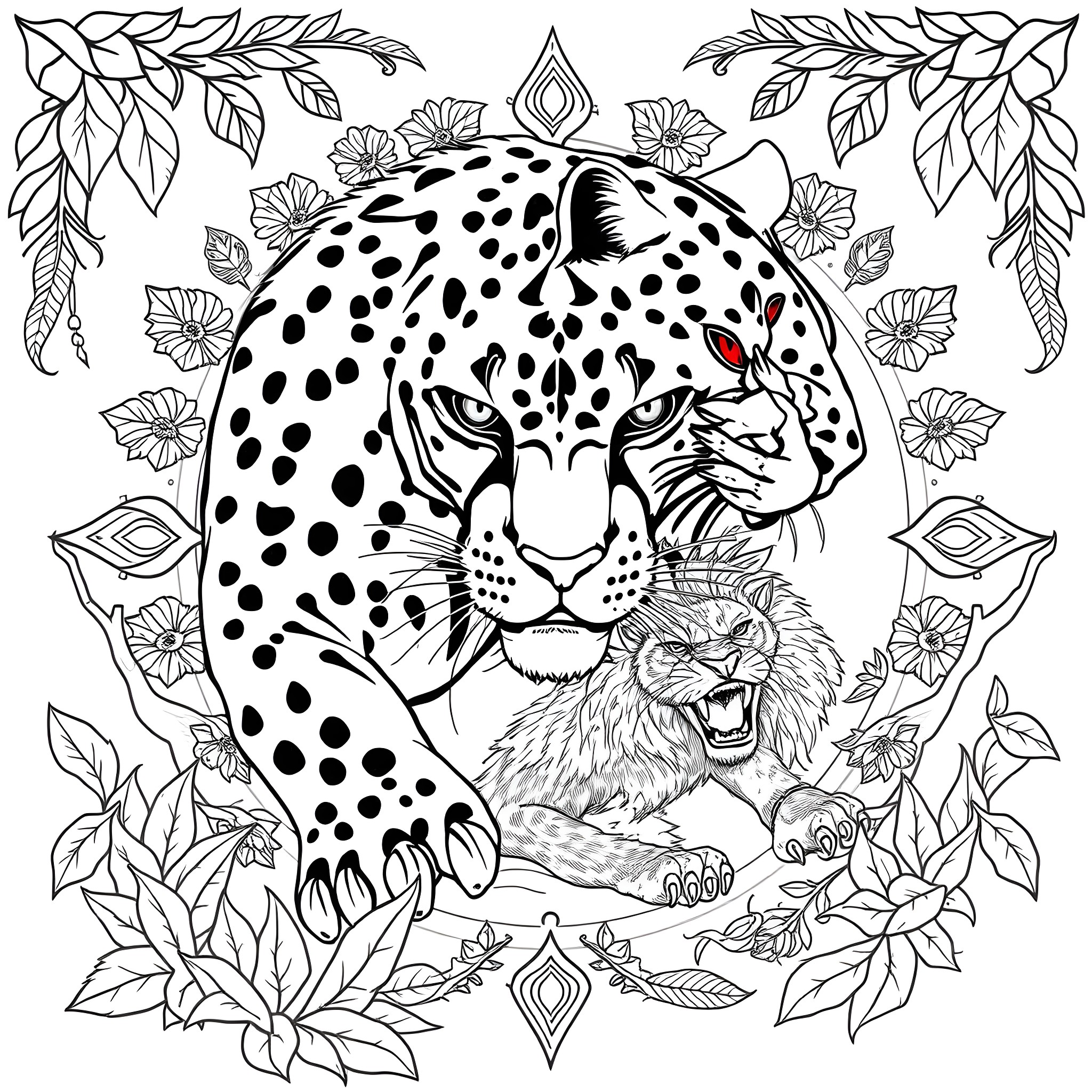 Panther in Floral Wilderness Coloring Page (free black-and-white line drawing printable PDF for all, from beginners to advanced learners, including children, teens, adults, and seniors)
