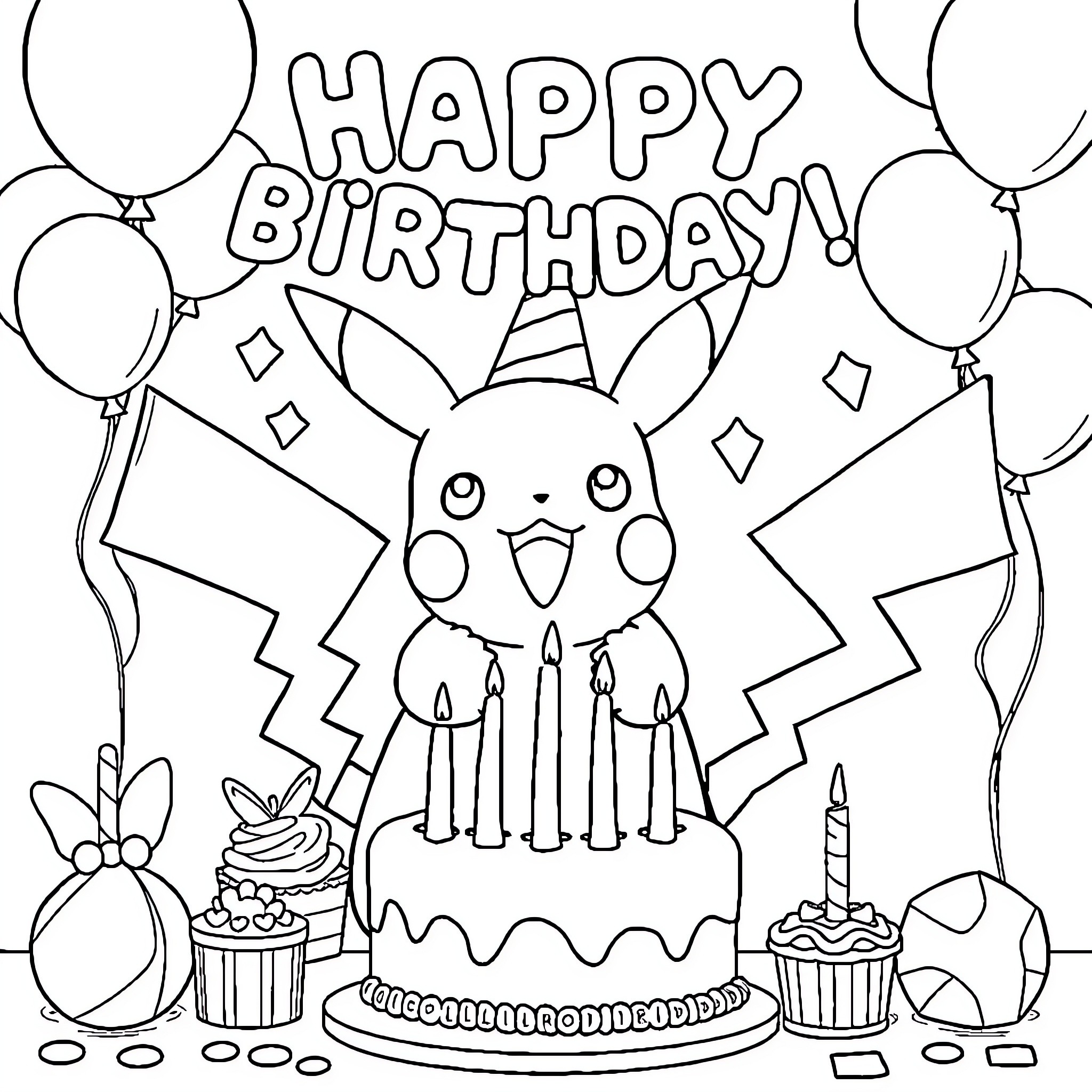 Pikachu celebrates happy birthday with balloons and cake Coloring Page (free black-and-white line drawing printable PDF for all, from beginners to advanced learners, including children, teens, adults, and seniors)