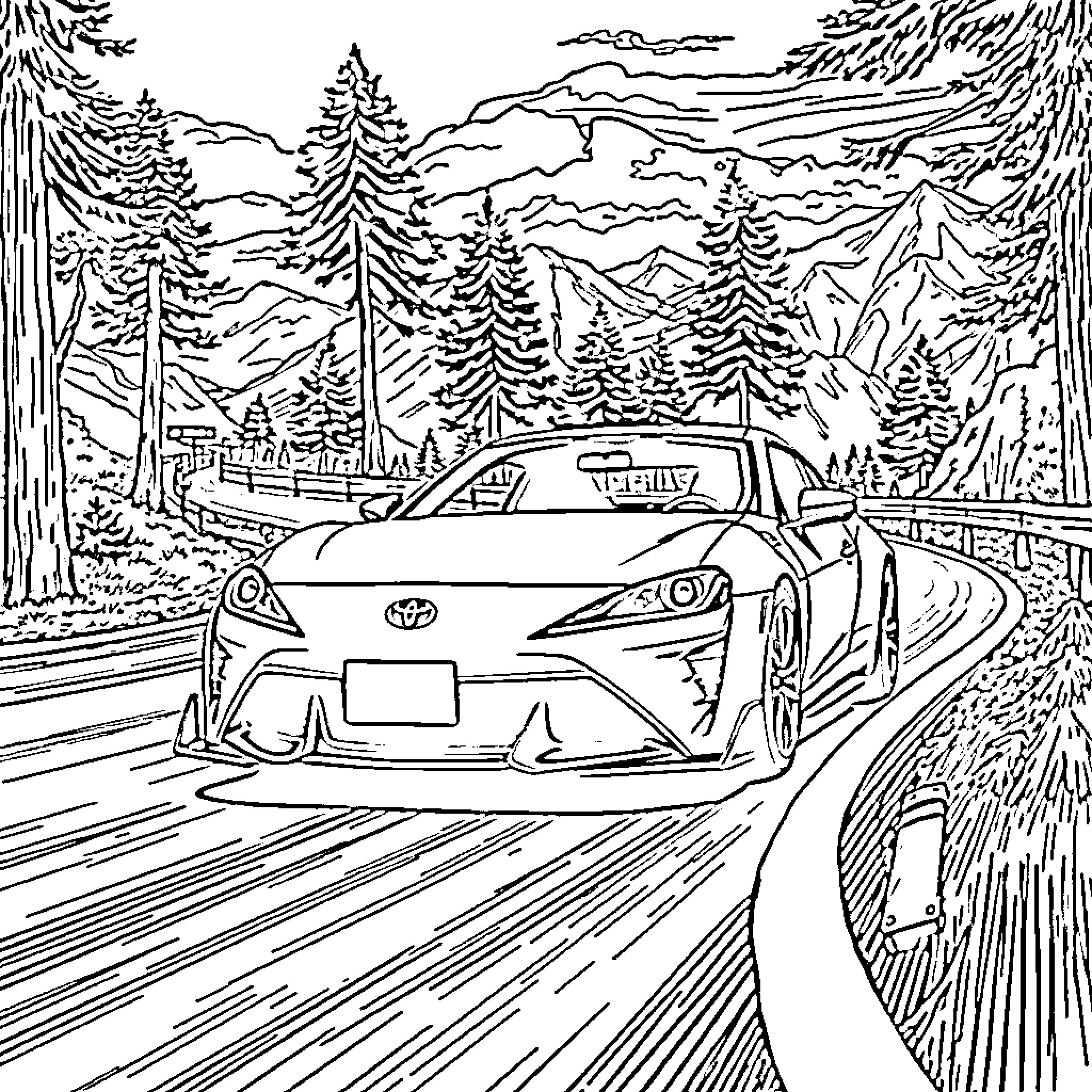 Toyota Gr86 speeding through a winding mountain road Coloring Page (free black-and-white line drawing printable PDF for all, from beginners to advanced learners, including children, teens, adults, and seniors)