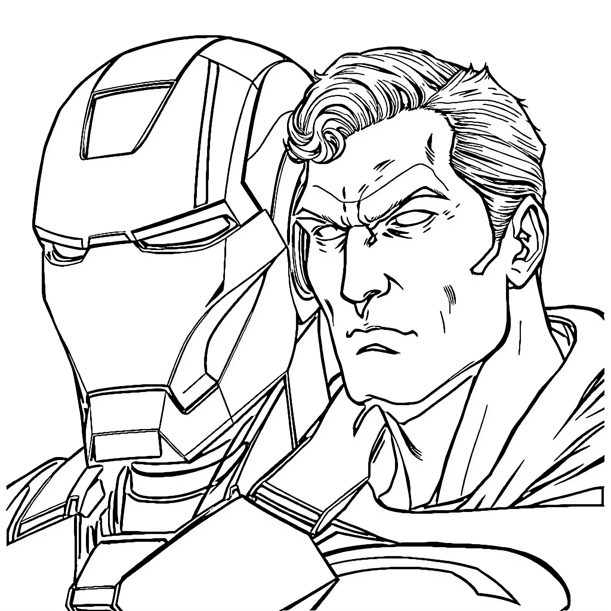 Ironman looking focused and determined Coloring Page (free black-and-white line drawing printable PDF for all, from beginners to advanced learners, including children, teens, adults, and seniors)
