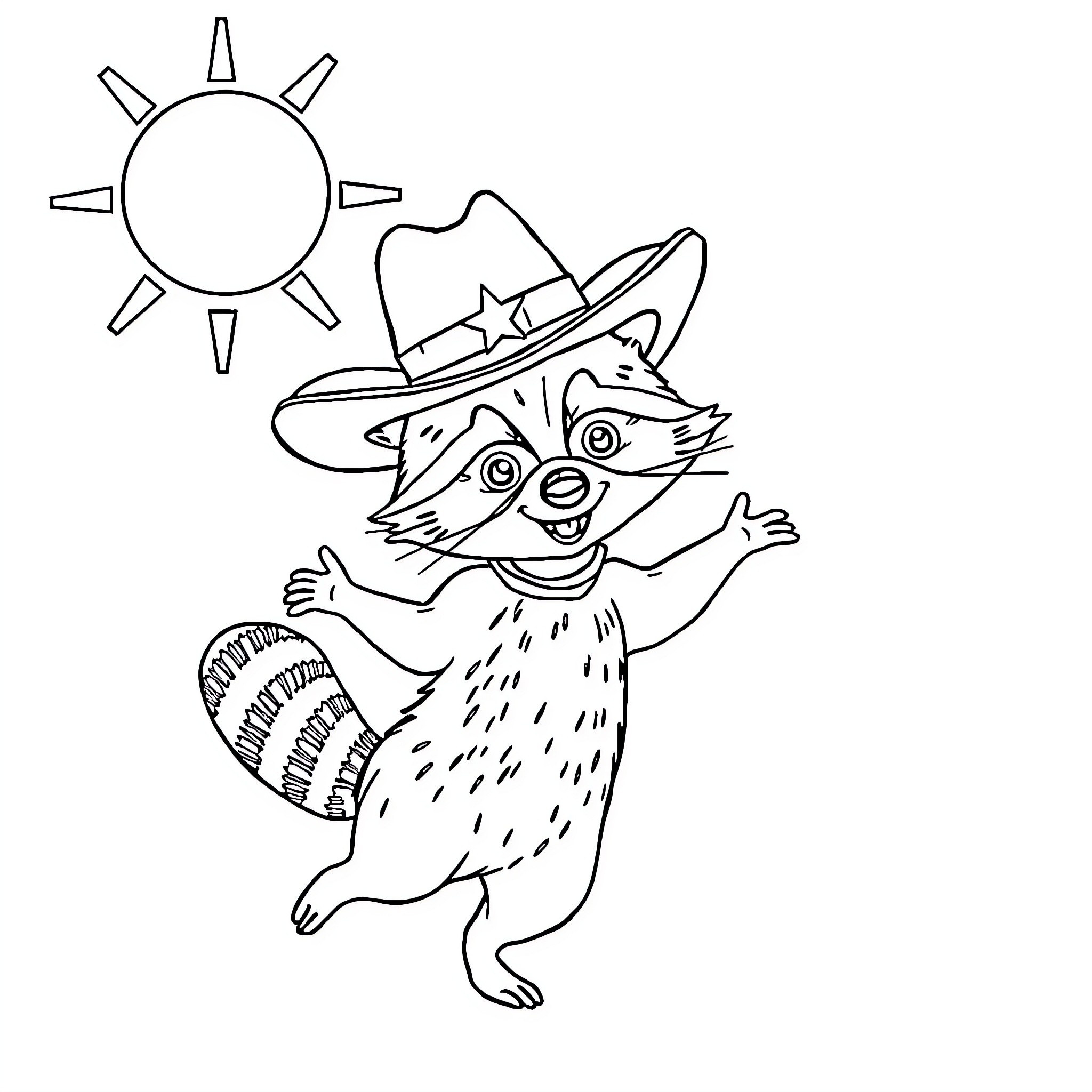 Raccoon wearing a cowboy hat and dancing happily Coloring Page (free black-and-white line drawing printable PDF for all, from beginners to advanced learners, including children, teens, adults, and seniors)