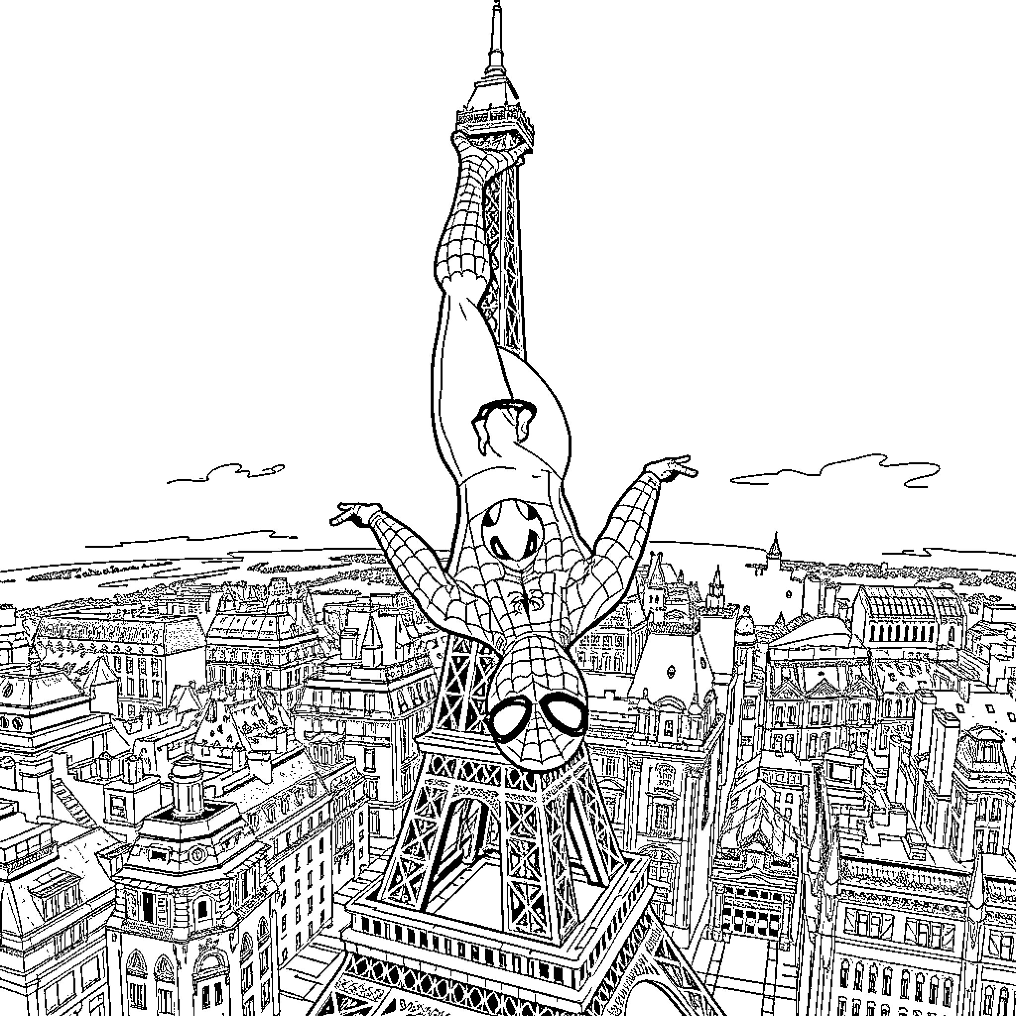 Spiderman swinging over the Eiffel Tower in Paris Coloring Page (free black-and-white line drawing printable PDF for all, from beginners to advanced learners, including children, teens, adults, and seniors)
