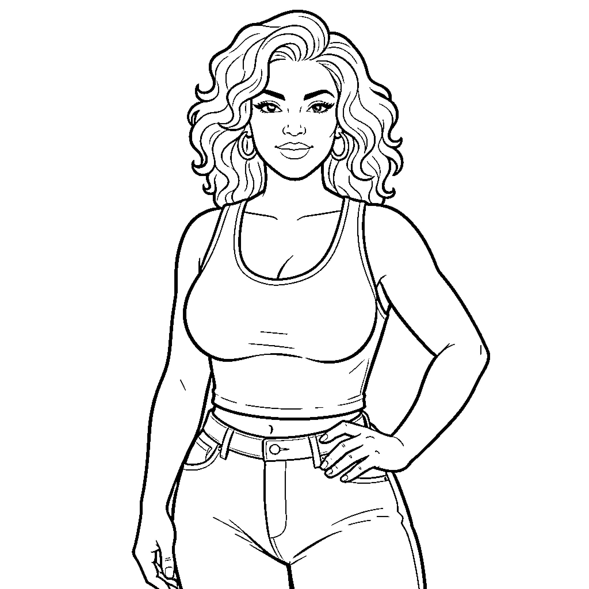 Latina woman posing confidently in casual summer attire Coloring Page (free black-and-white line drawing printable PDF for all, from beginners to advanced learners, including children, teens, adults, and seniors)