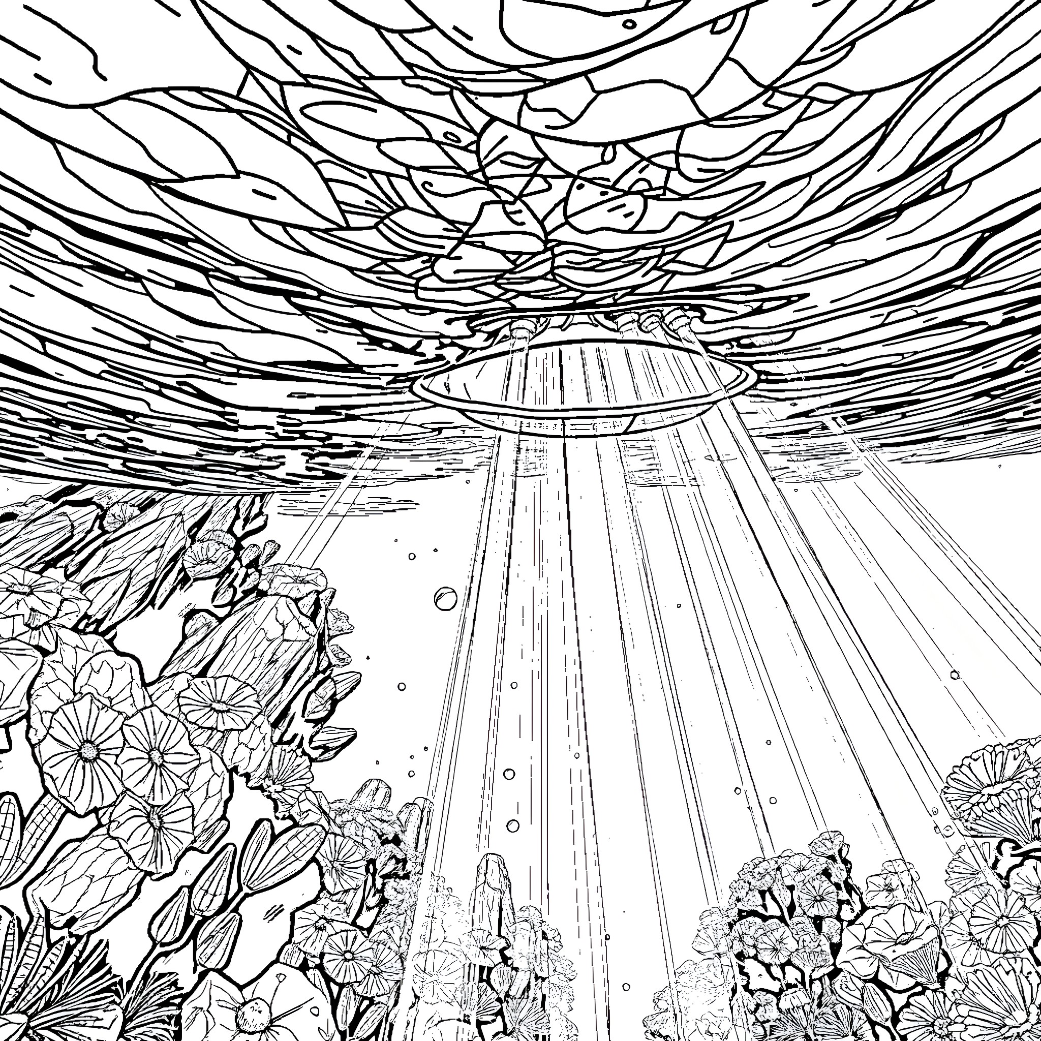 Rainbow Otherworldly Landscape with Mysterious Craft Coloring Page (free black-and-white line drawing printable PDF for all, from beginners to advanced learners, including children, teens, adults, and seniors)