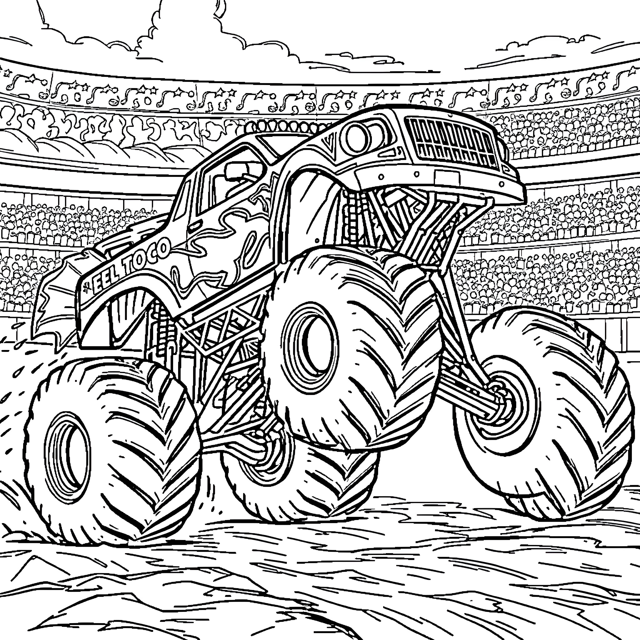 Monster Truck Performing Stunts in the Arena Coloring Page (free black-and-white line drawing printable PDF for all, from beginners to advanced learners, including children, teens, adults, and seniors)