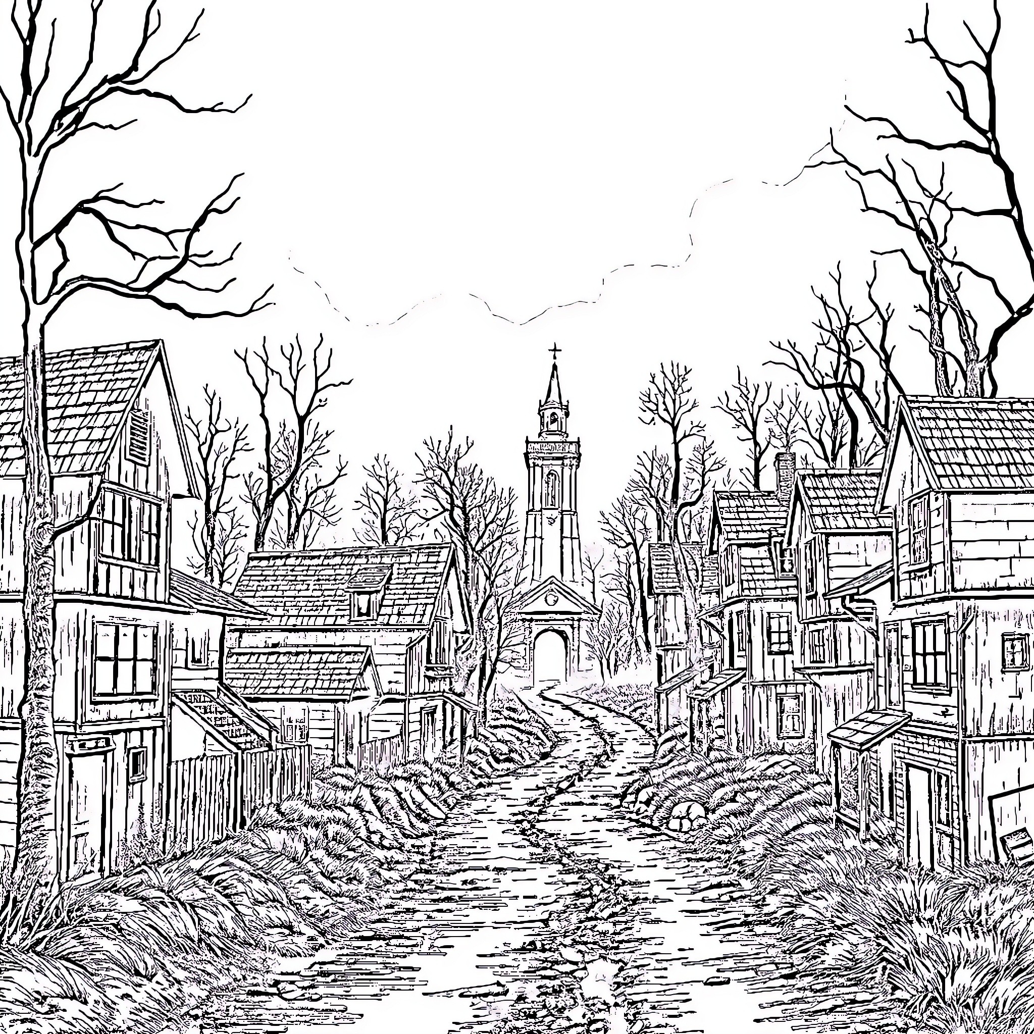 Silent Hill: Desolate Town with Abandoned Buildings Coloring Page (free black-and-white line drawing printable PDF for all, from beginners to advanced learners, including children, teens, adults, and seniors)
