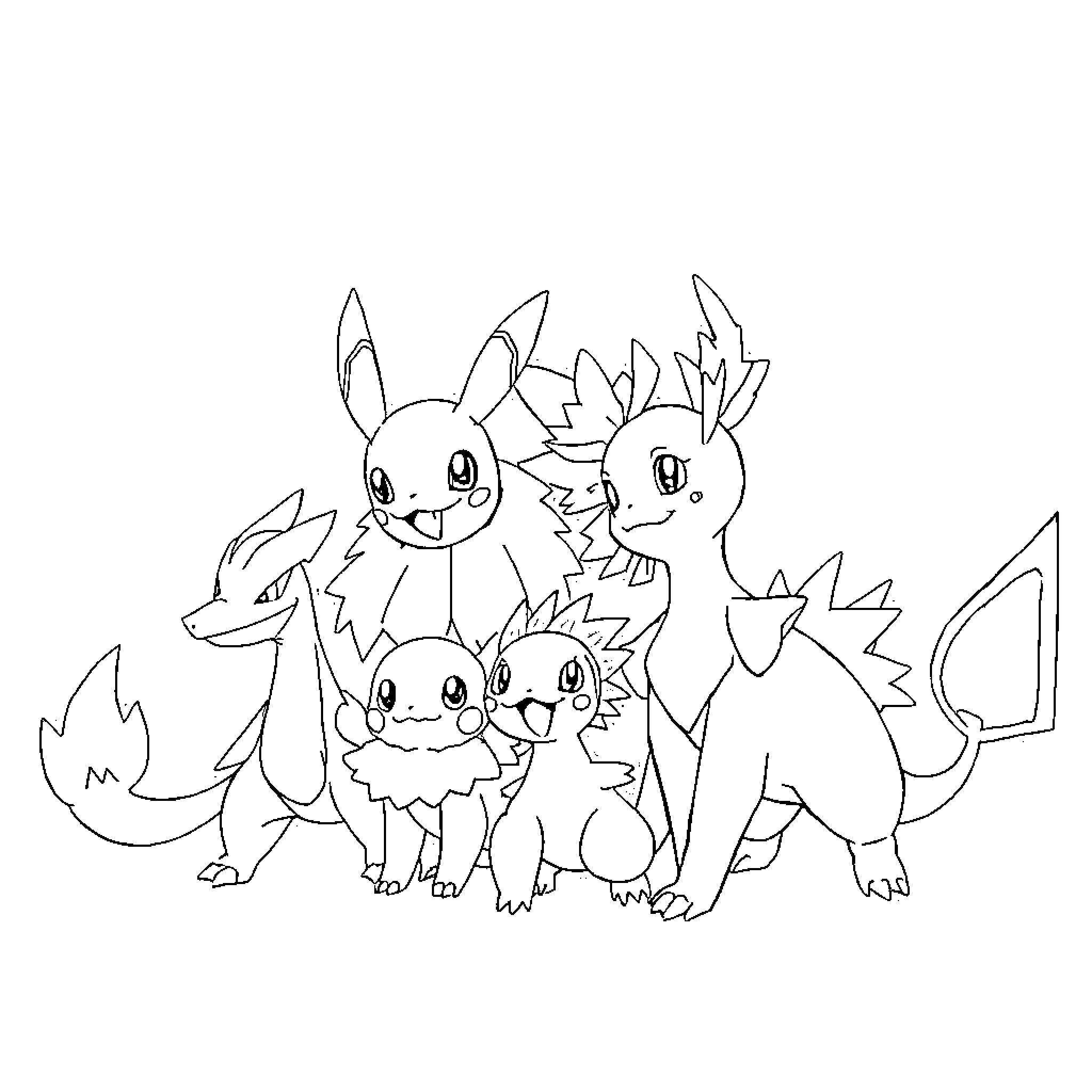 Pokémon characters gathered together in a group Coloring Page (free black-and-white line drawing printable PDF for all, from beginners to advanced learners, including children, teens, adults, and seniors)