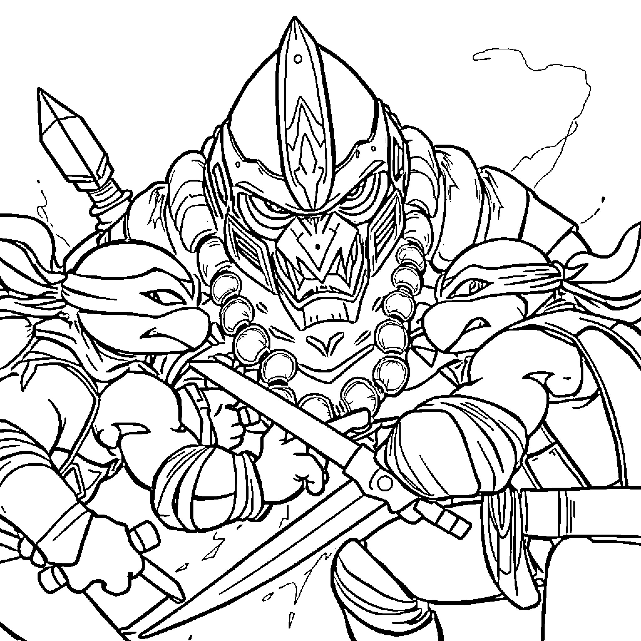 Ninja Turtle warriors wielding swords in battle Coloring Page (free black-and-white line drawing printable PDF for all, from beginners to advanced learners, including children, teens, adults, and seniors)