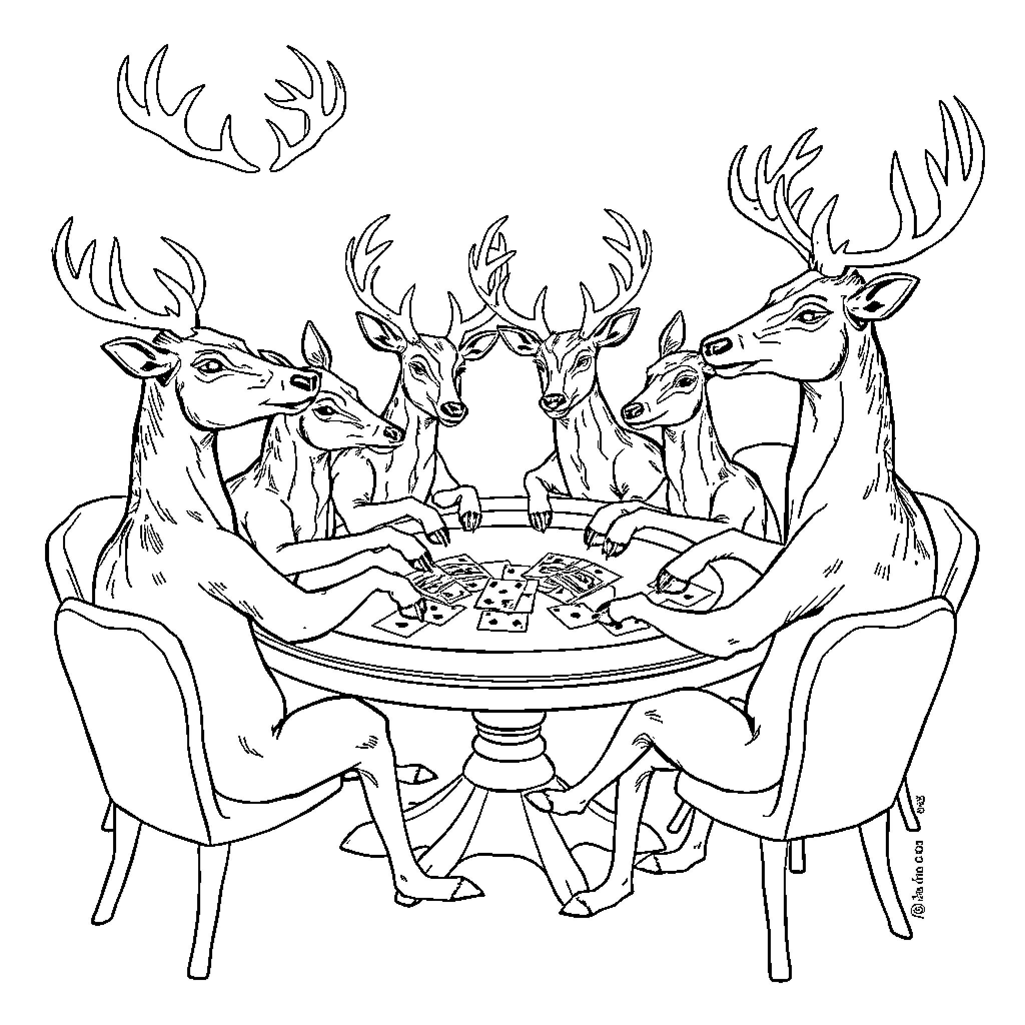 Deer playing a board game together Coloring Page (free black-and-white line drawing printable PDF for all, from beginners to advanced learners, including children, teens, adults, and seniors)