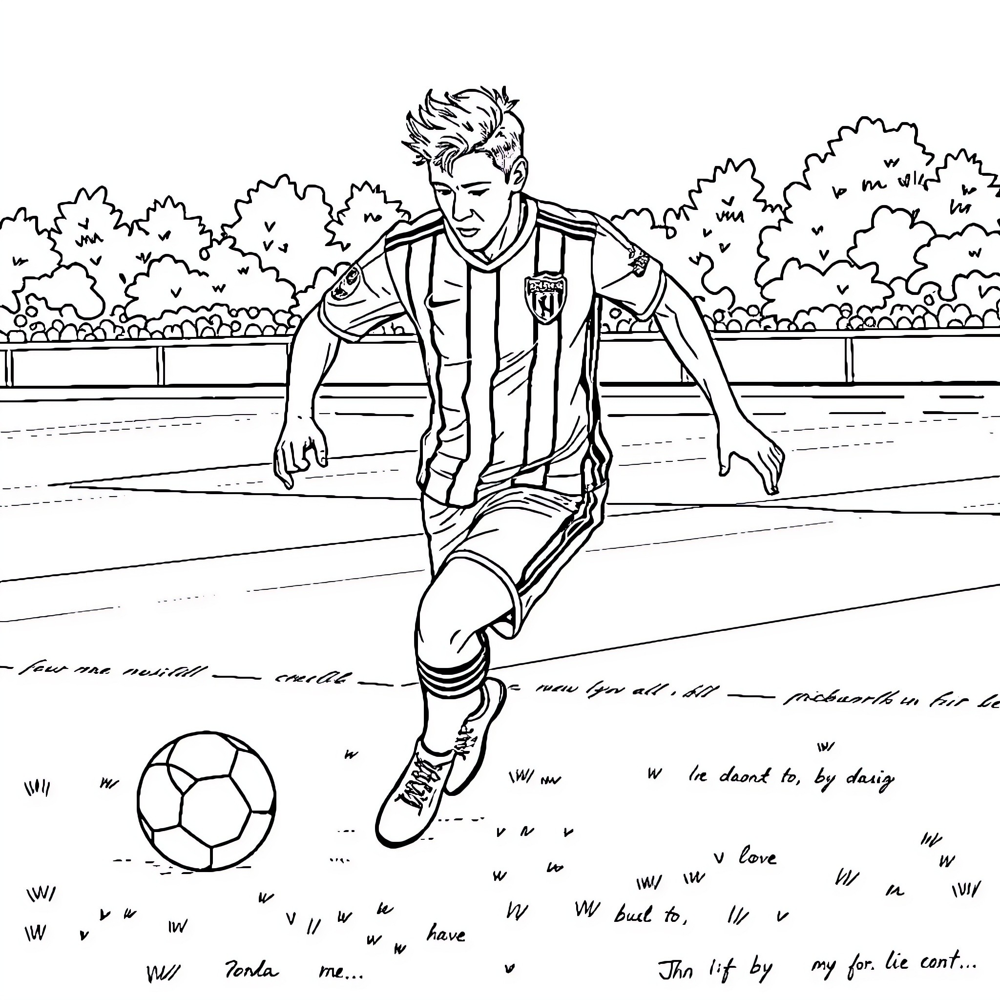 Dracofeu playing football on the field Coloring Page (free black-and-white line drawing printable PDF for all, from beginners to advanced learners, including children, teens, adults, and seniors)
