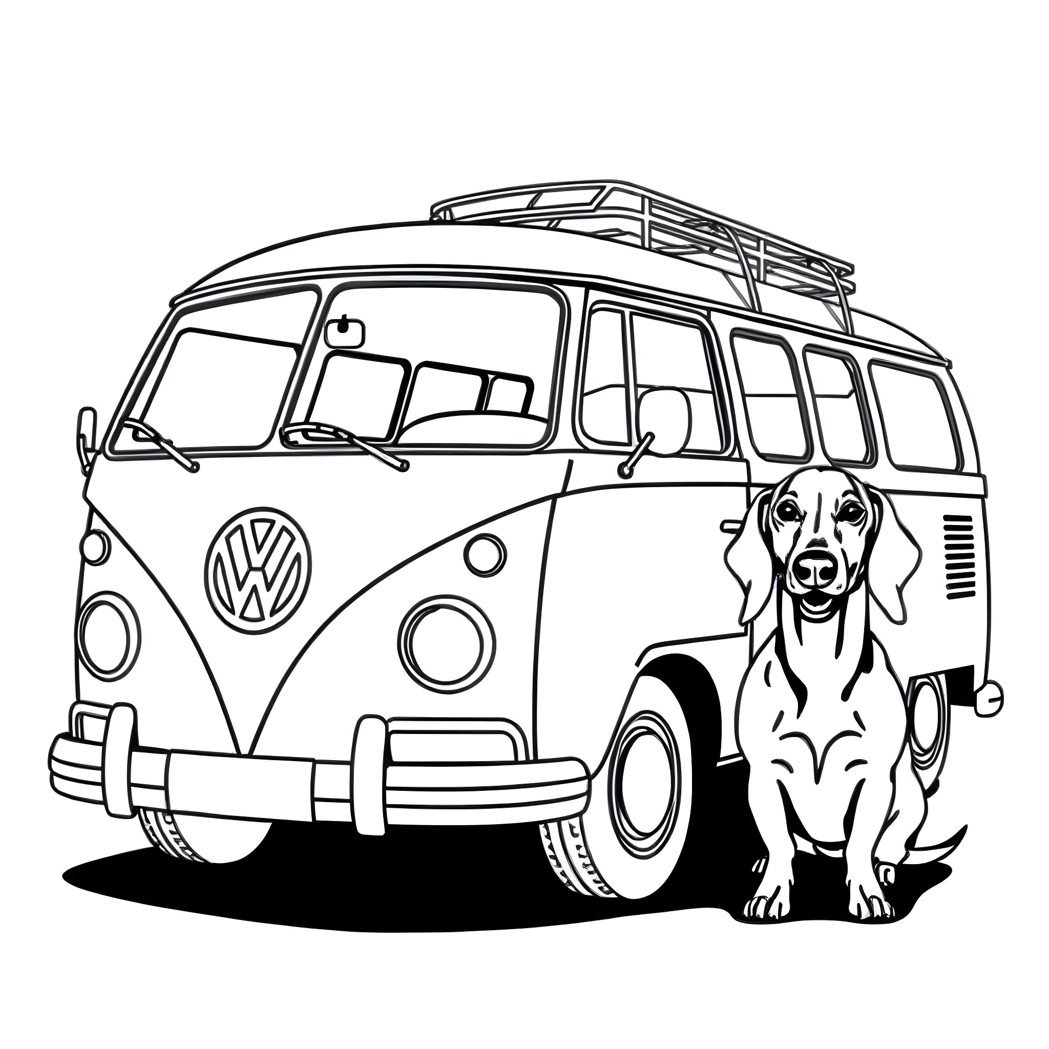 Volkswagen Bus with a dog in the front Coloring Page (free black-and-white line drawing printable PDF for all, from beginners to advanced learners, including children, teens, adults, and seniors)