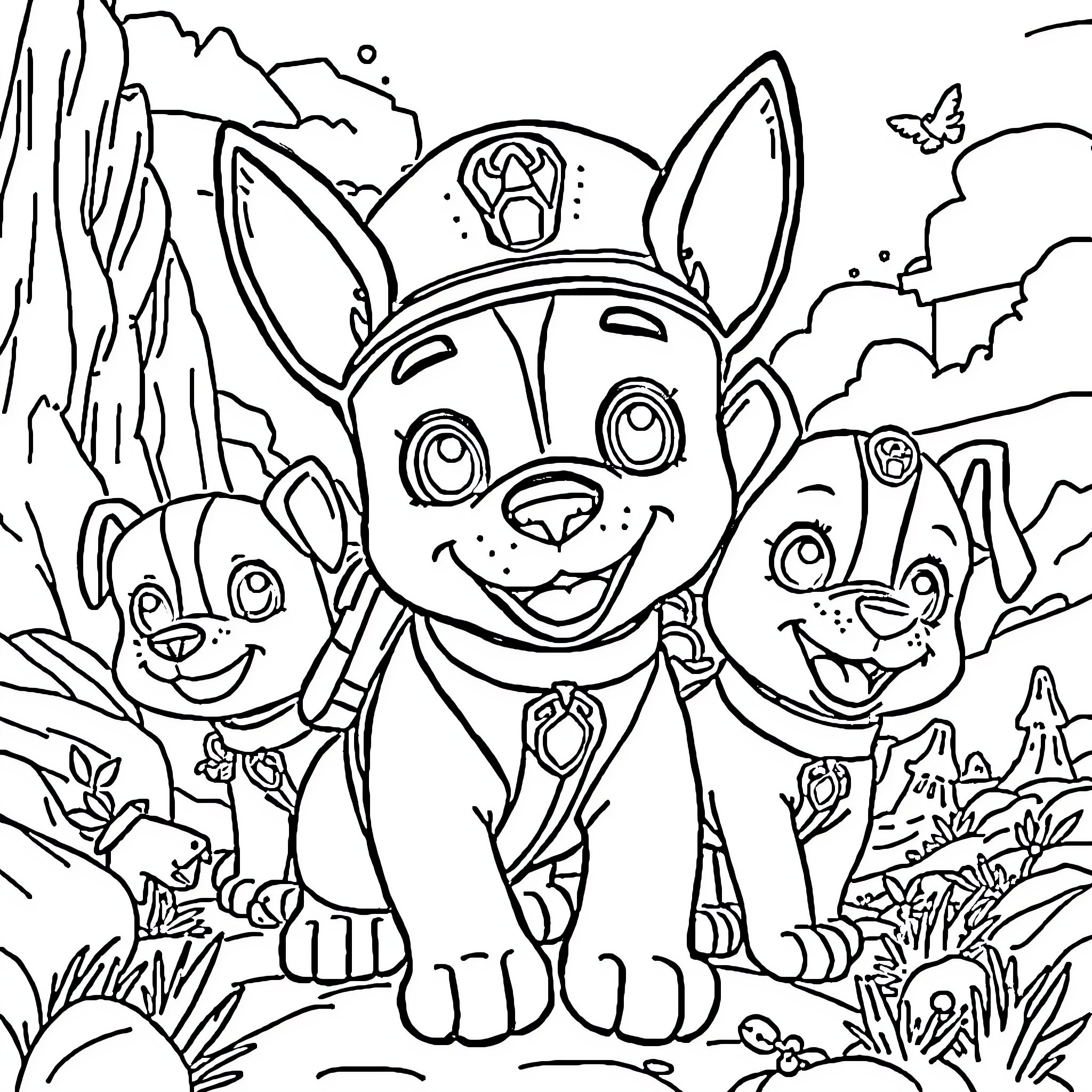 Paw Patrol characters on an adventure Coloring Page (free black-and-white line drawing printable PDF for all, from beginners to advanced learners, including children, teens, adults, and seniors)