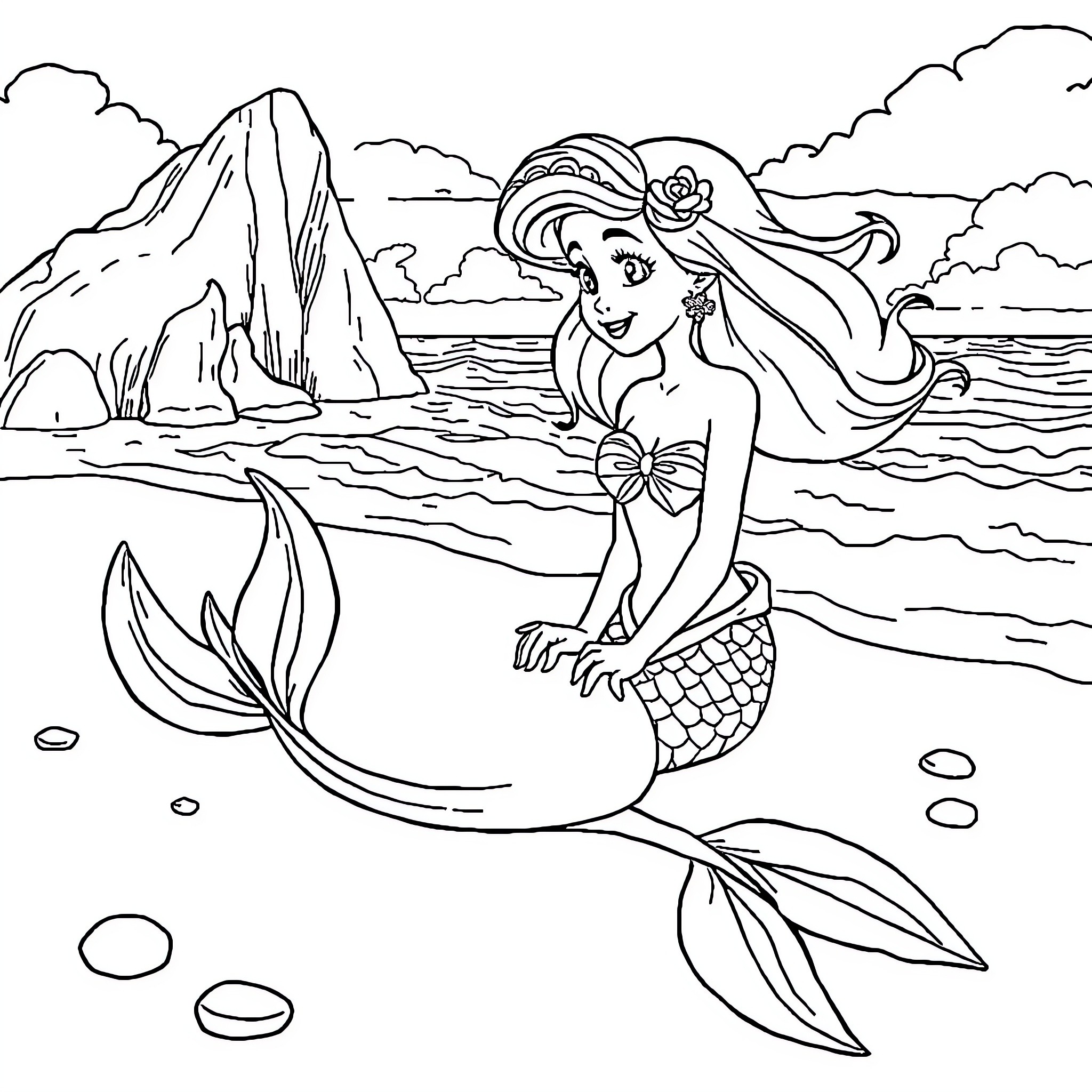 Ariel enjoying the underwater scenery Coloring Page (free black-and-white line drawing printable PDF for all, from beginners to advanced learners, including children, teens, adults, and seniors)