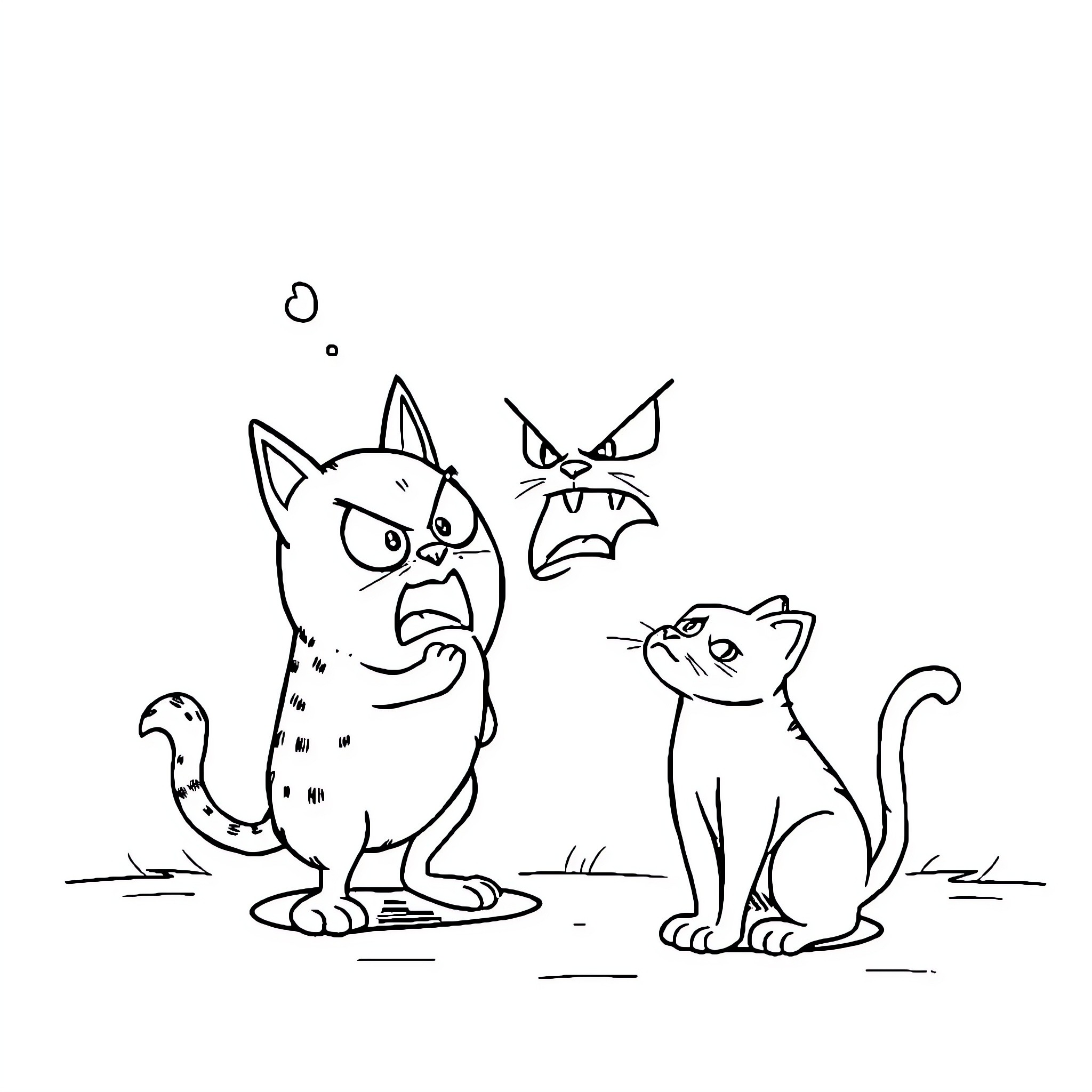Egg cats arguing aggressively in the yard Coloring Page (free black-and-white line drawing printable PDF for all, from beginners to advanced learners, including children, teens, adults, and seniors)