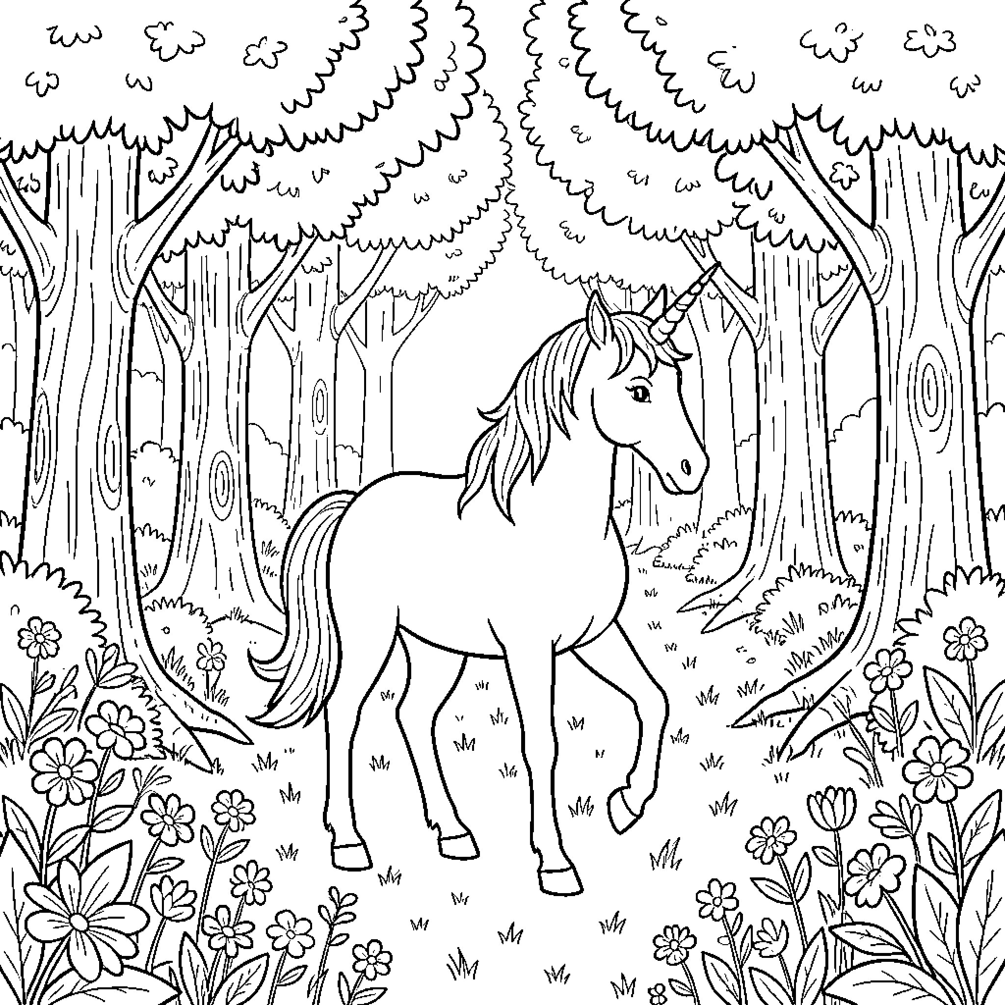 Unicorn standing gracefully in a lush forest Coloring Page (free black-and-white line drawing printable PDF for all, from beginners to advanced learners, including children, teens, adults, and seniors)