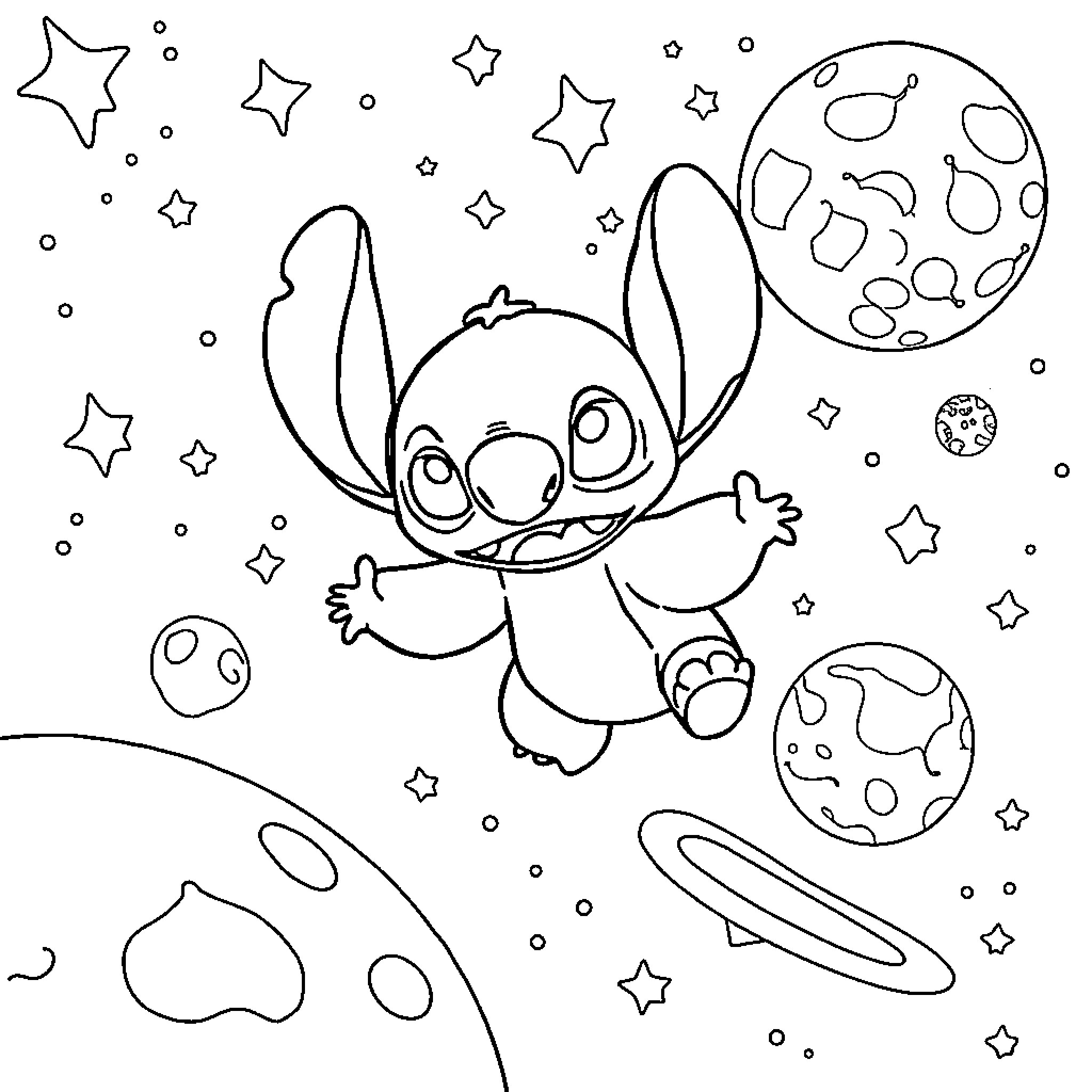 Stitch exploring the cosmic universe Coloring Page (free black-and-white line drawing printable PDF for all, from beginners to advanced learners, including children, teens, adults, and seniors)