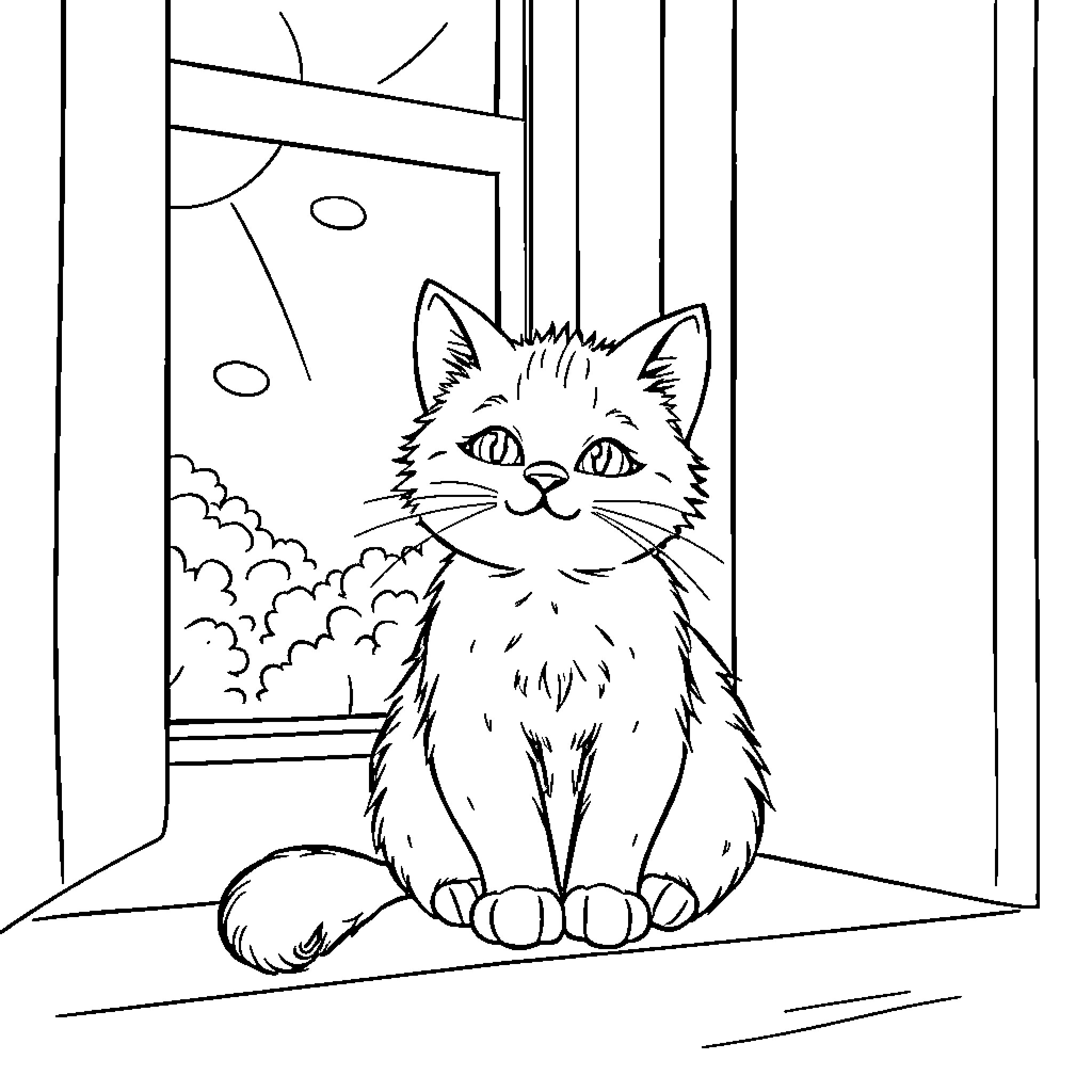Cat looking out the window Coloring Page (free black-and-white line drawing printable PDF for all, from beginners to advanced learners, including children, teens, adults, and seniors)