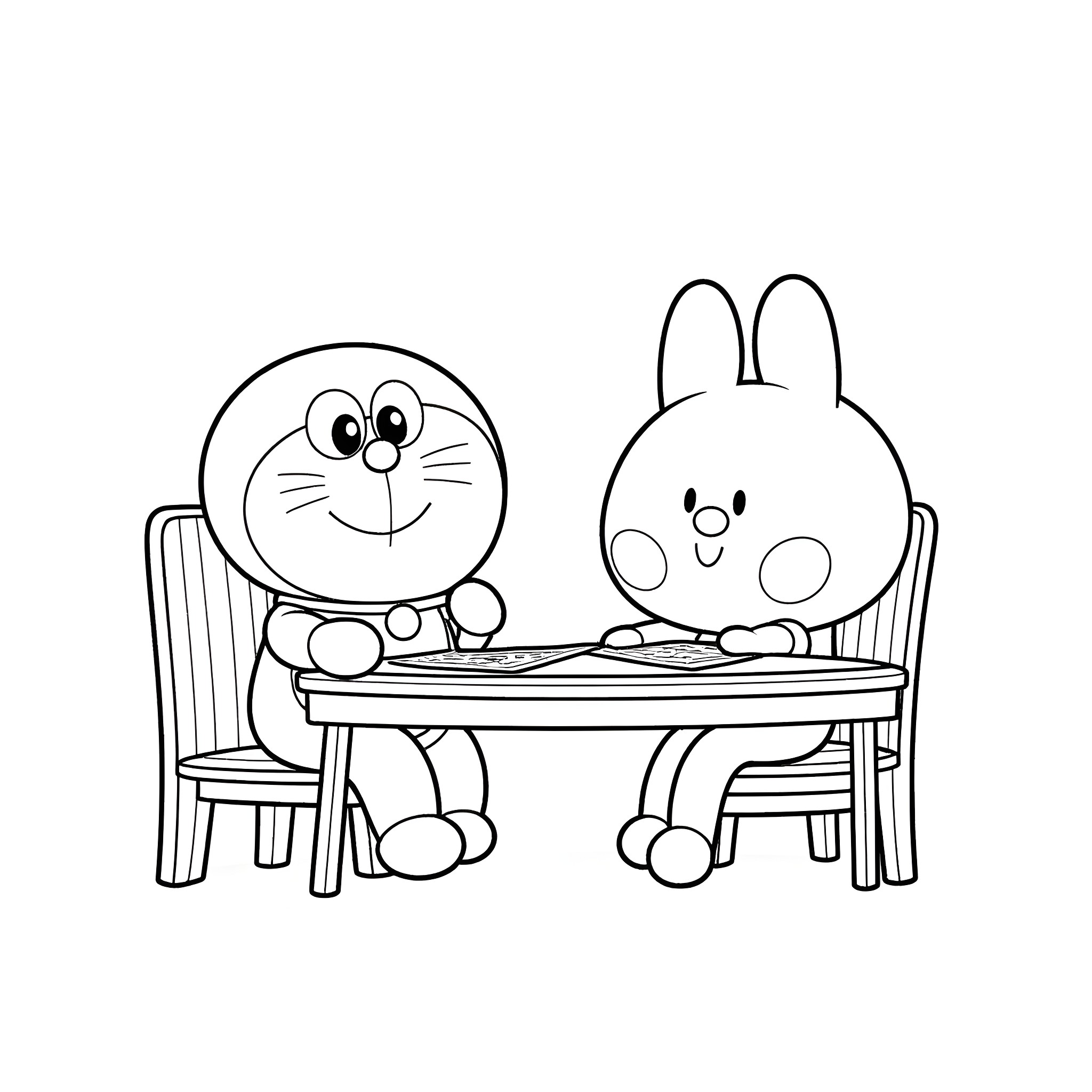 Doraemon and Rabbit Enjoying a Meal Together Coloring Page (free black-and-white line drawing printable PDF for all, from beginners to advanced learners, including children, teens, adults, and seniors)