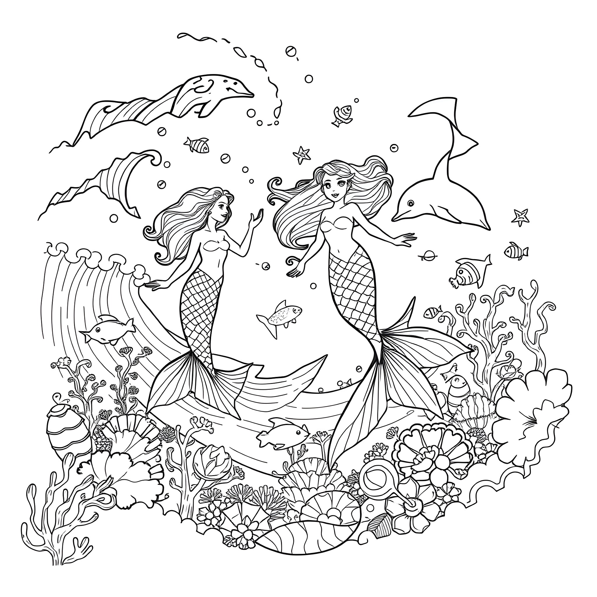 Mermaid Duo Swimming Amidst Underwater Wonders Coloring Page (free black-and-white line drawing printable PDF for all, from beginners to advanced learners, including children, teens, adults, and seniors)