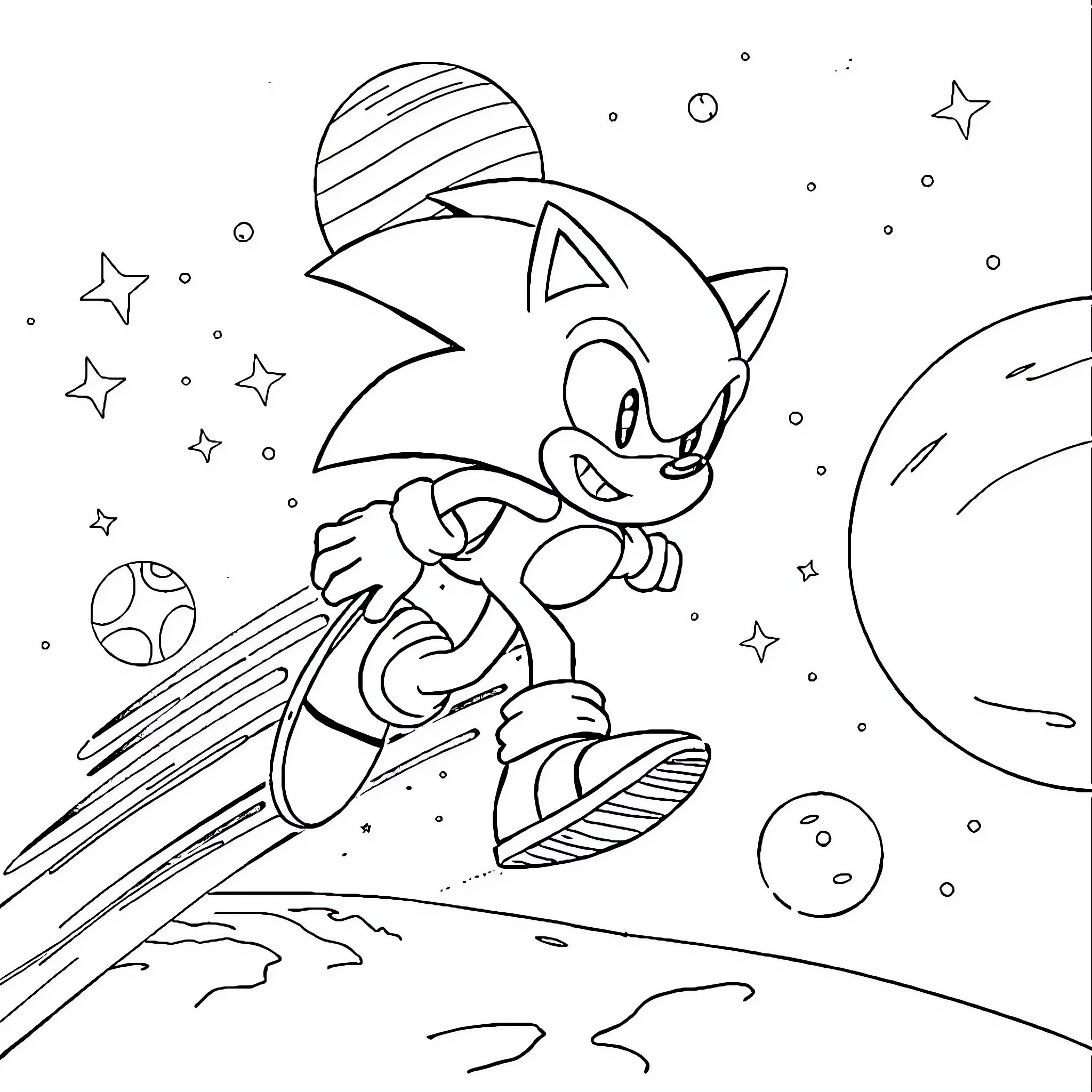 Sonic racing through a cosmic scene Coloring Page (free black-and-white line drawing printable PDF for all, from beginners to advanced learners, including children, teens, adults, and seniors)