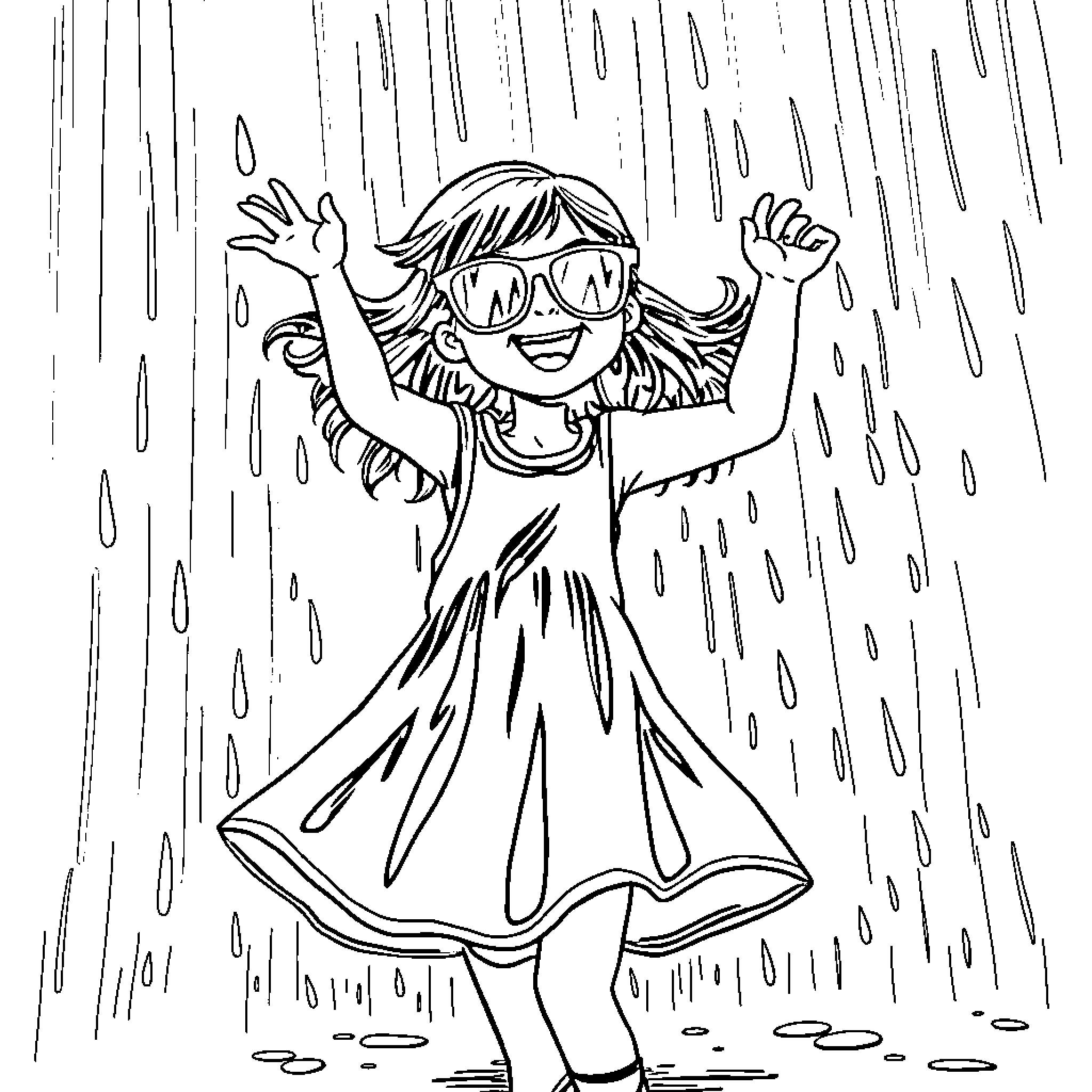 Girl joyfully dancing in the rain Coloring Page (free black-and-white line drawing printable PDF for all, from beginners to advanced learners, including children, teens, adults, and seniors)