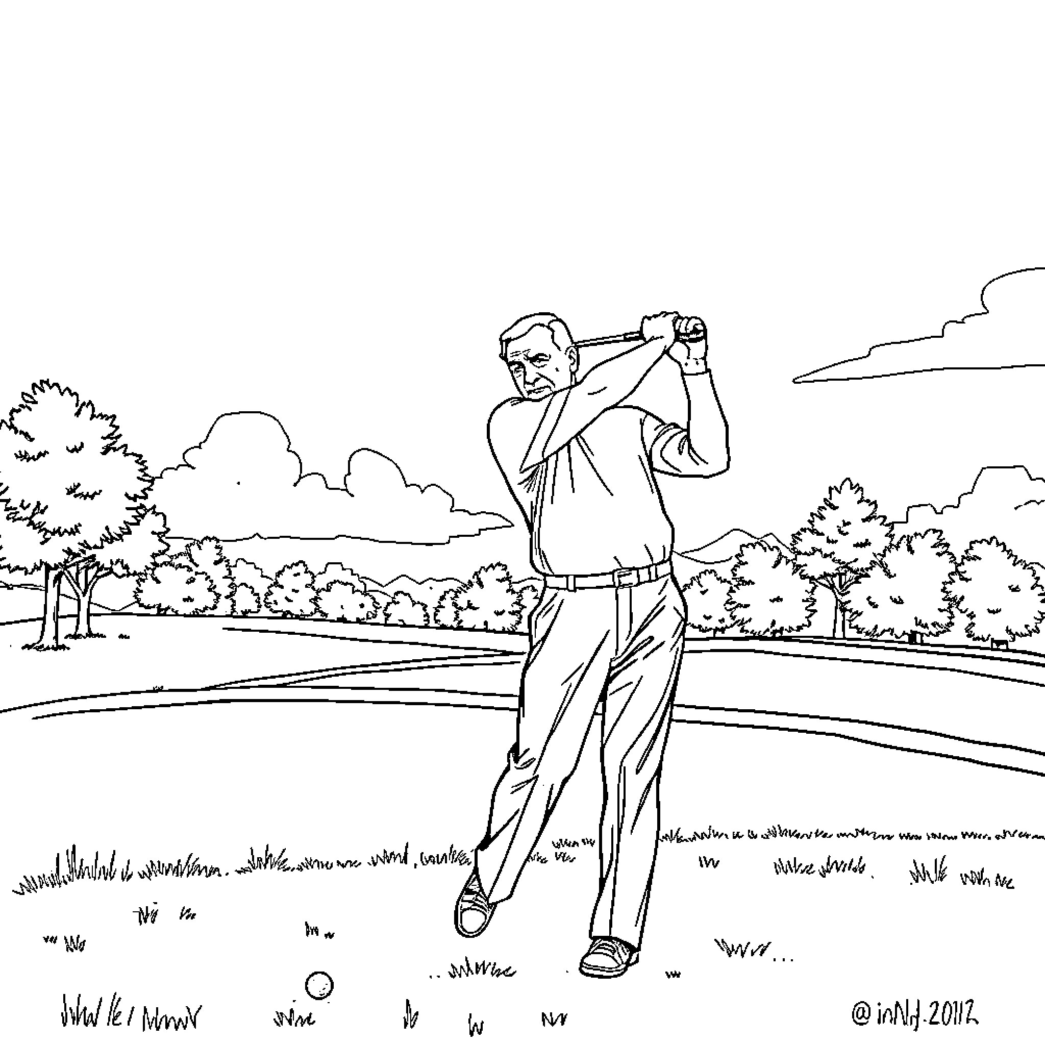 Eisenhower Golfing on the Green with Enthusiasm Coloring Page (free black-and-white line drawing printable PDF for all, from beginners to advanced learners, including children, teens, adults, and seniors)