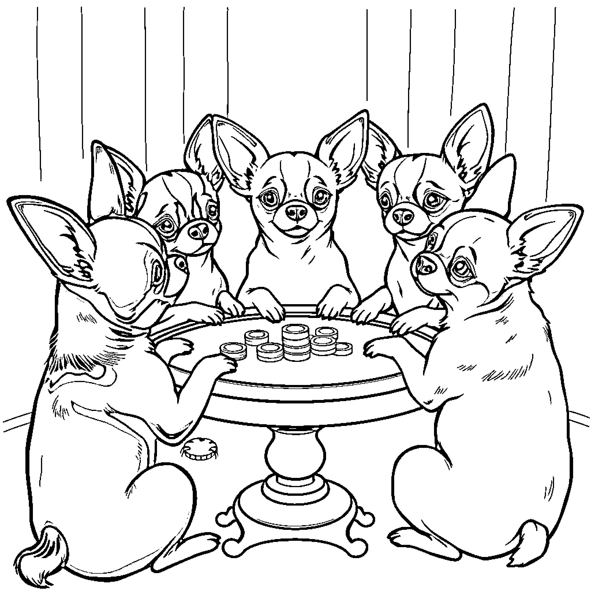 Chihuahuas playing cards together Coloring Page (free black-and-white line drawing printable PDF for all, from beginners to advanced learners, including children, teens, adults, and seniors)