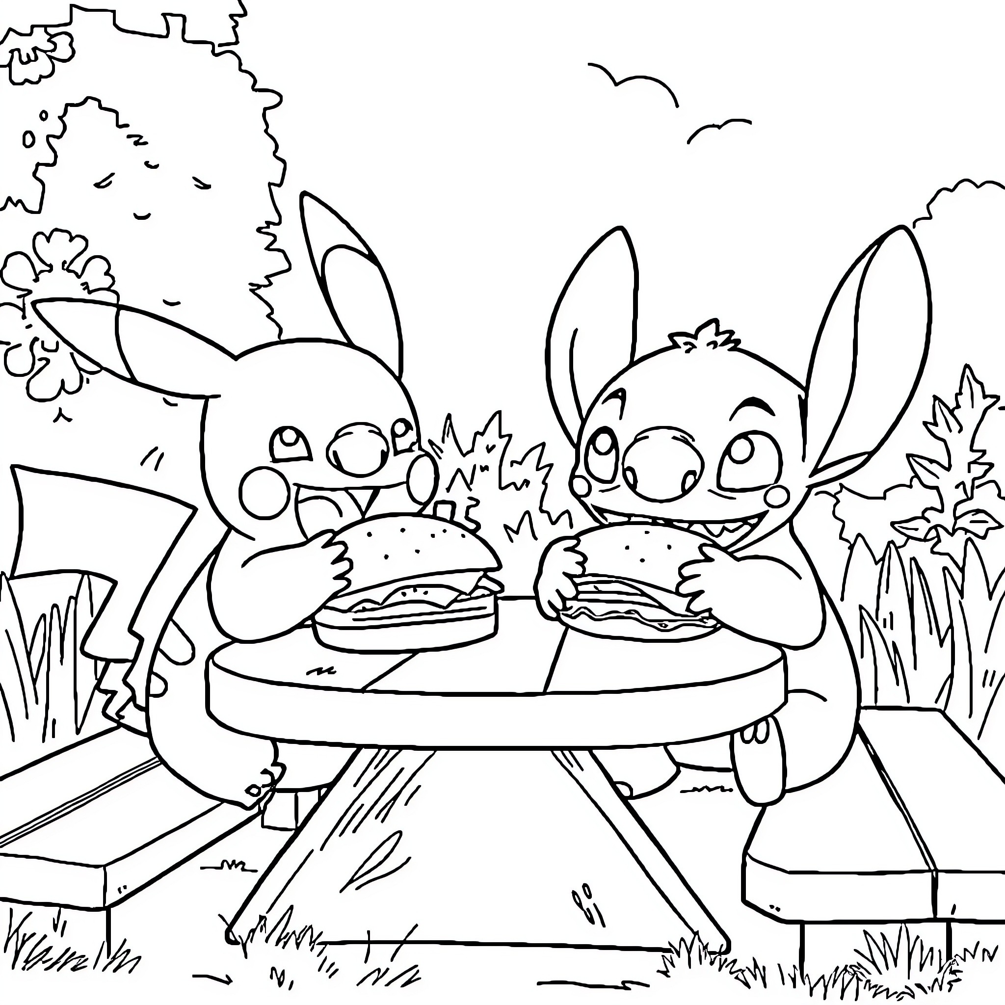 Pikachu and friends enjoying a picnic in the park Coloring Page (free black-and-white line drawing printable PDF for all, from beginners to advanced learners, including children, teens, adults, and seniors)