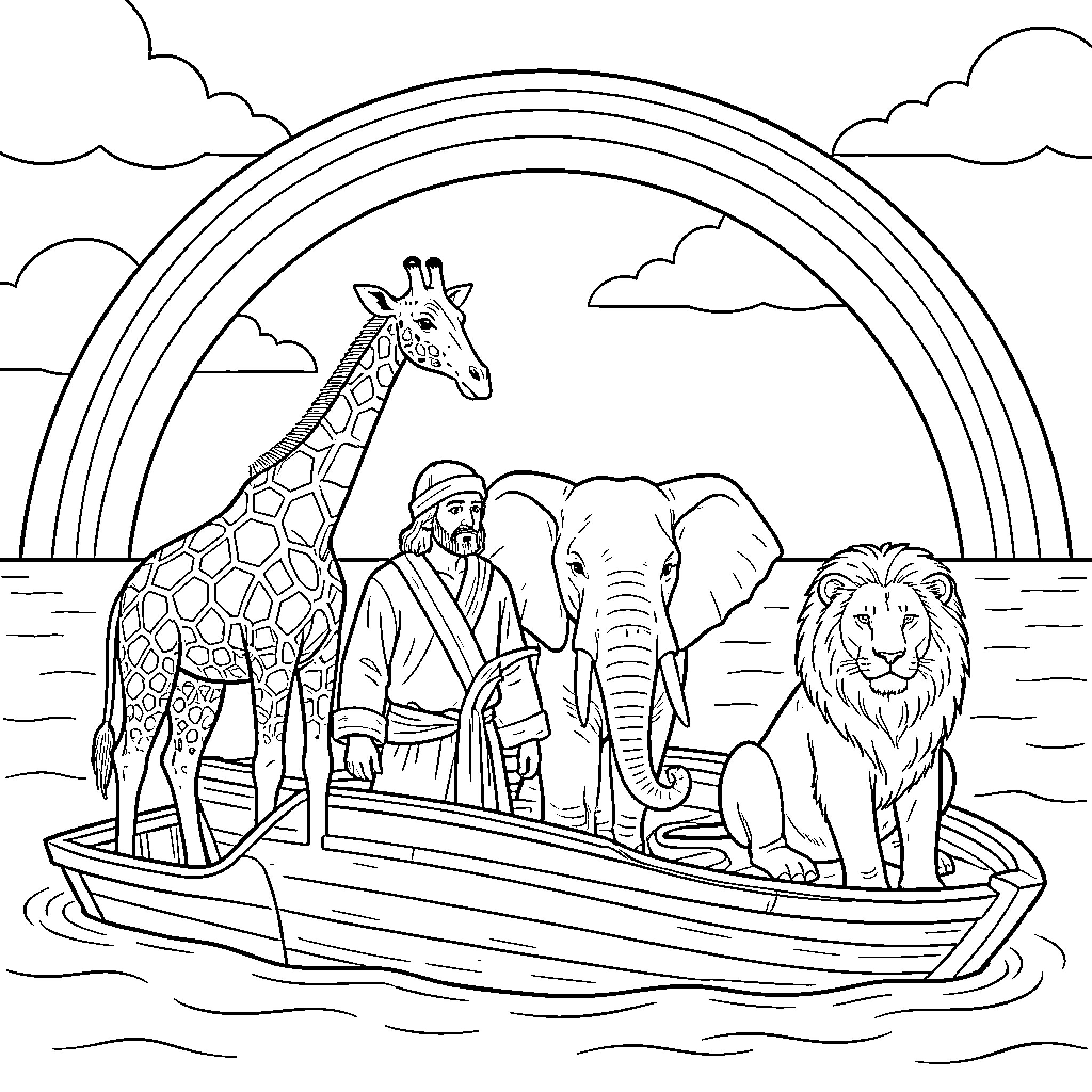 Noah's Ark with animals under a bright rainbow Coloring Page (free black-and-white line drawing printable PDF for all, from beginners to advanced learners, including children, teens, adults, and seniors)