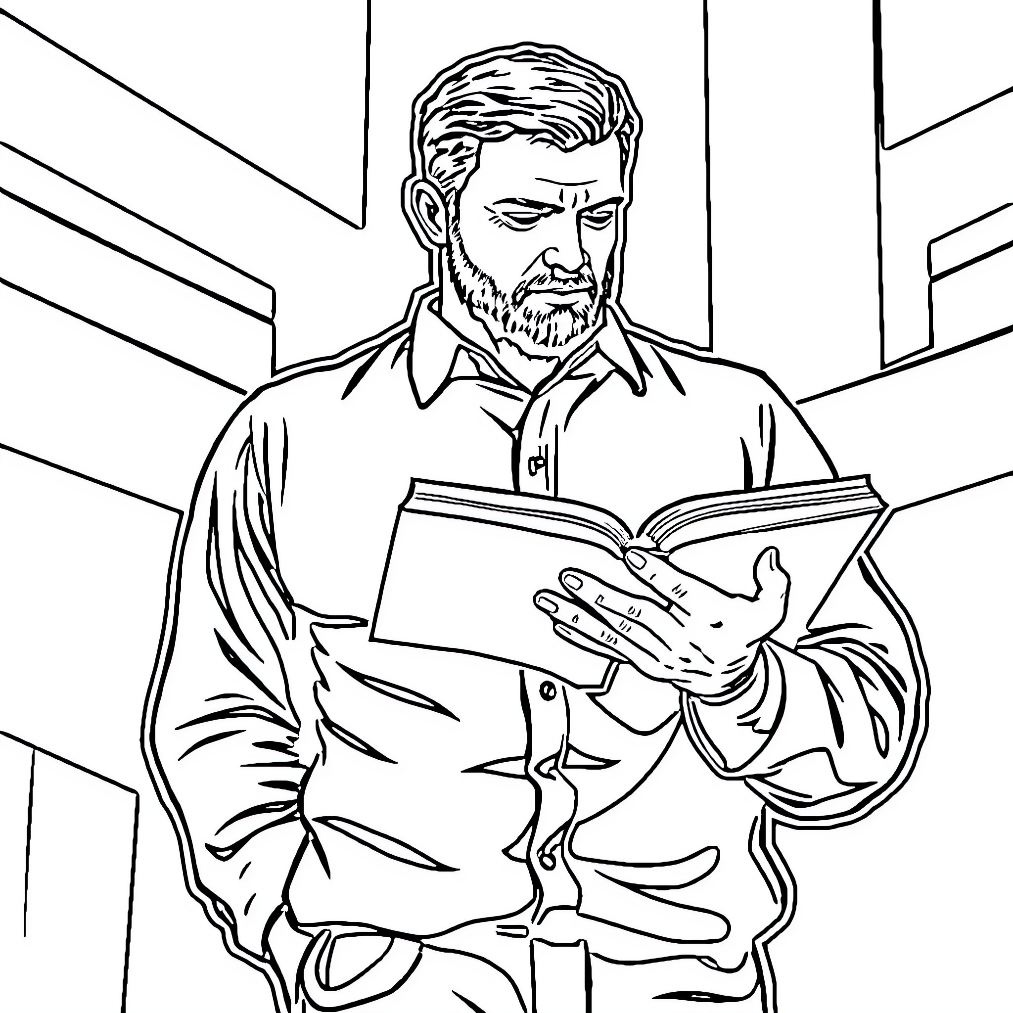 Man reading intently in an office setting Coloring Page (free black-and-white line drawing printable PDF for all, from beginners to advanced learners, including children, teens, adults, and seniors)